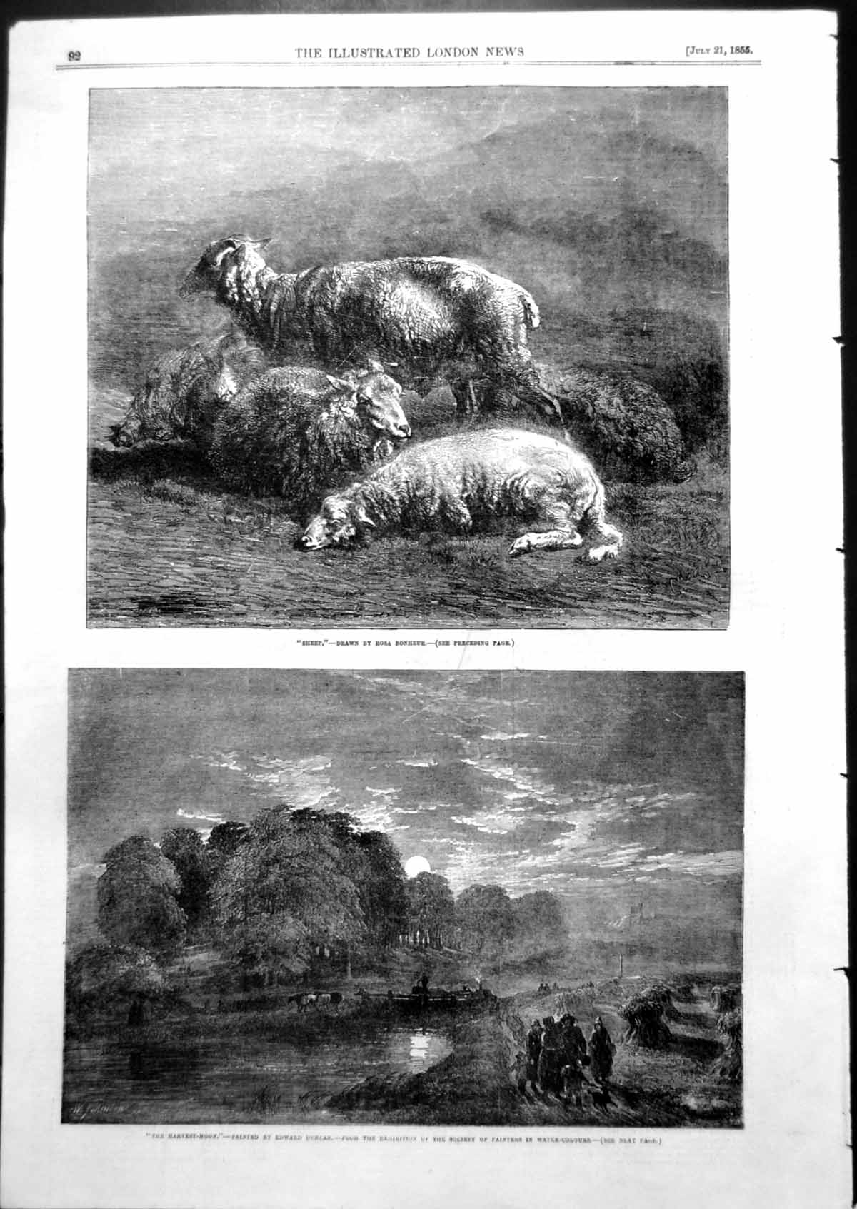 Original Old Antique Print Sheep Rosa Bonheur Harvest Moon Edward Duncan 1855