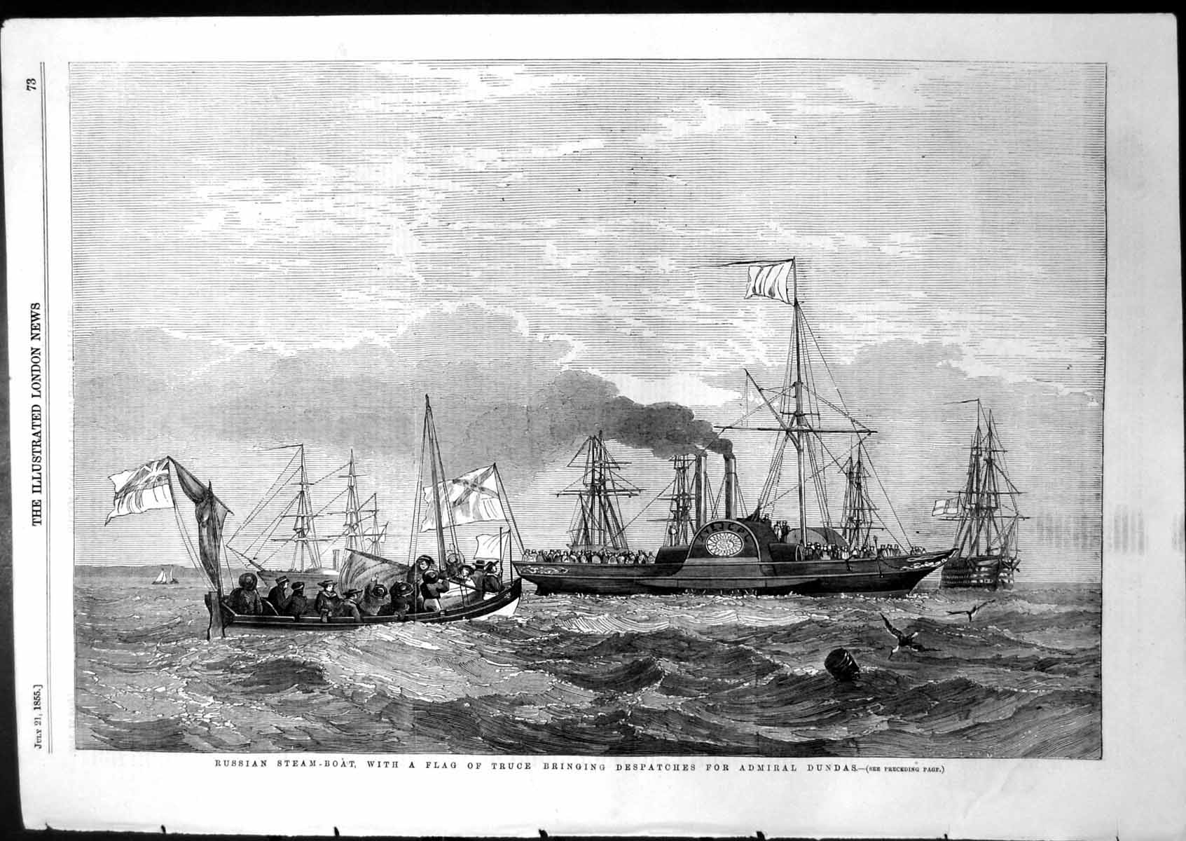 Antique Print Russian Steam Boat Flag Truce Despatches Admiral Dundas 1855 19th