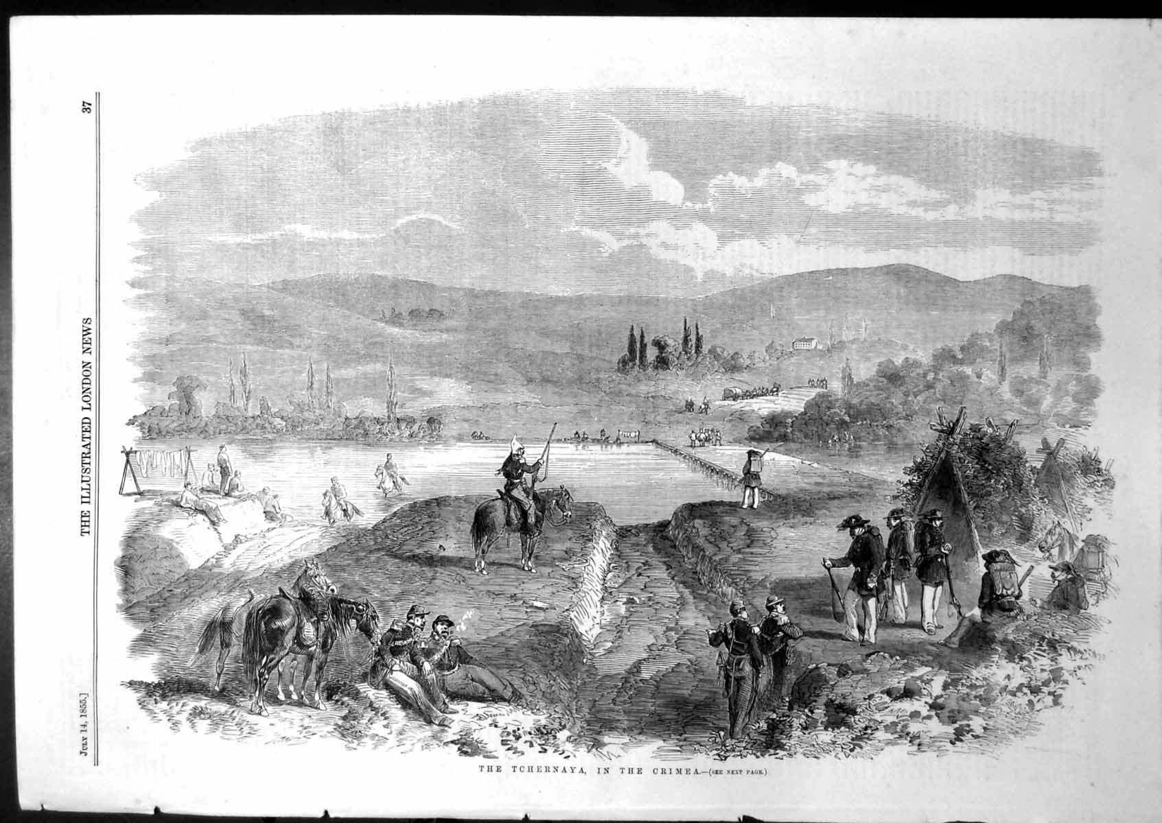 Antique Old Print Tchernaya Black River Tempoary Wooden Bridge Crimea 1855 19th