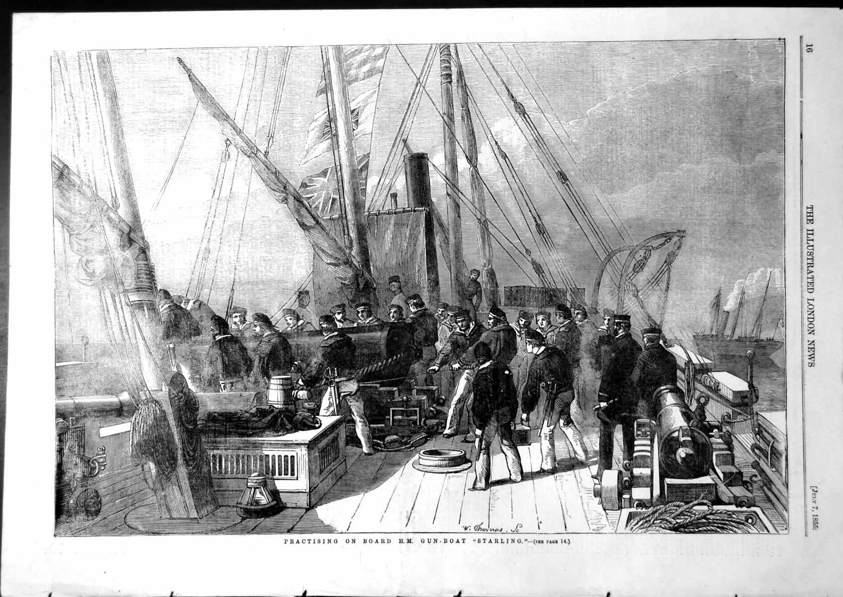 Original Old Antique Print Practising On Board Hm Gun Boat Starling 1855 19th