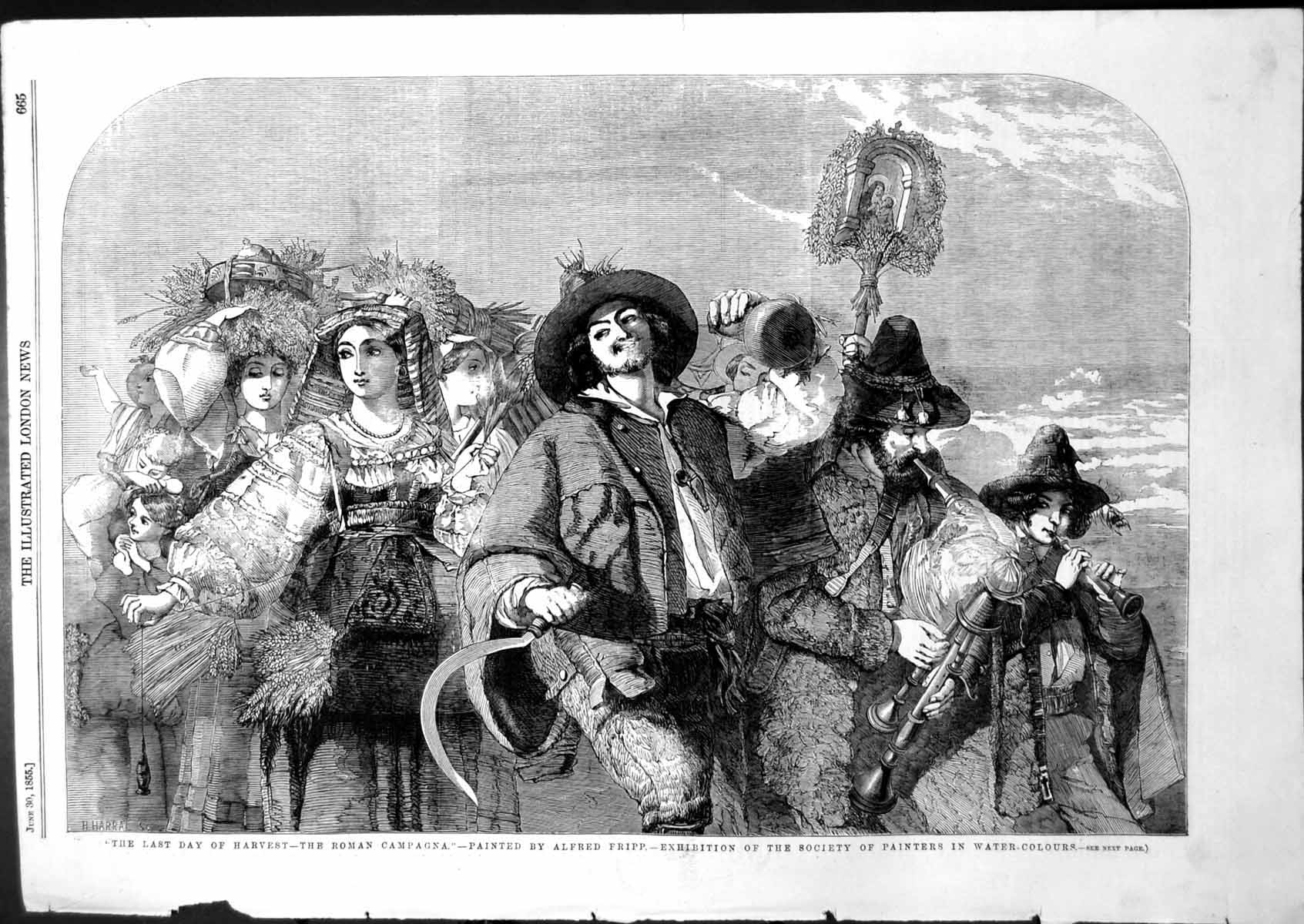 Original Old Antique Print Last Day Harvest Roman Campagna Alfred Fripp 1855