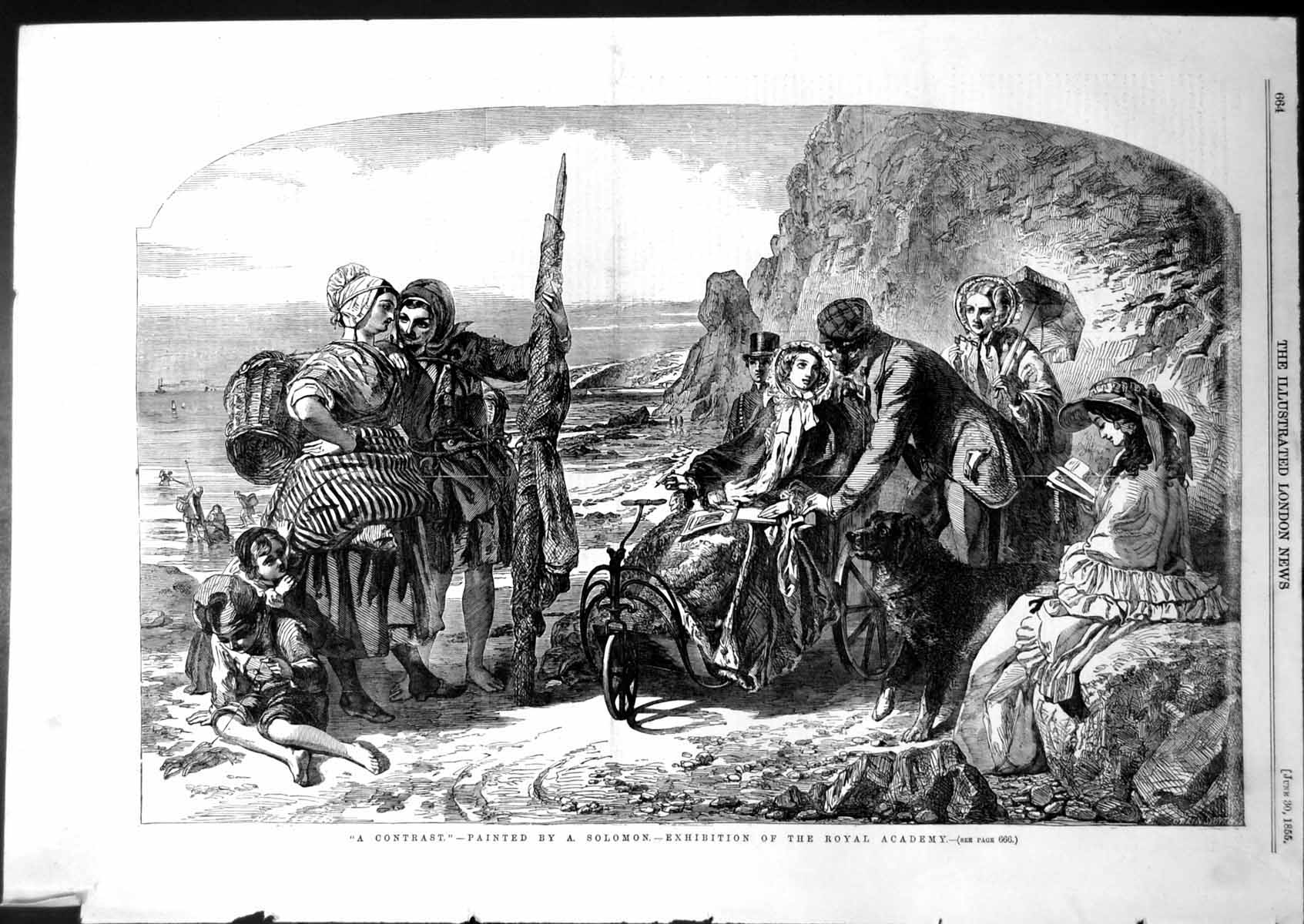 Old Antique Print Cotrast A Solomon Poor Family Rich Lady Wheelchair 1855 19th