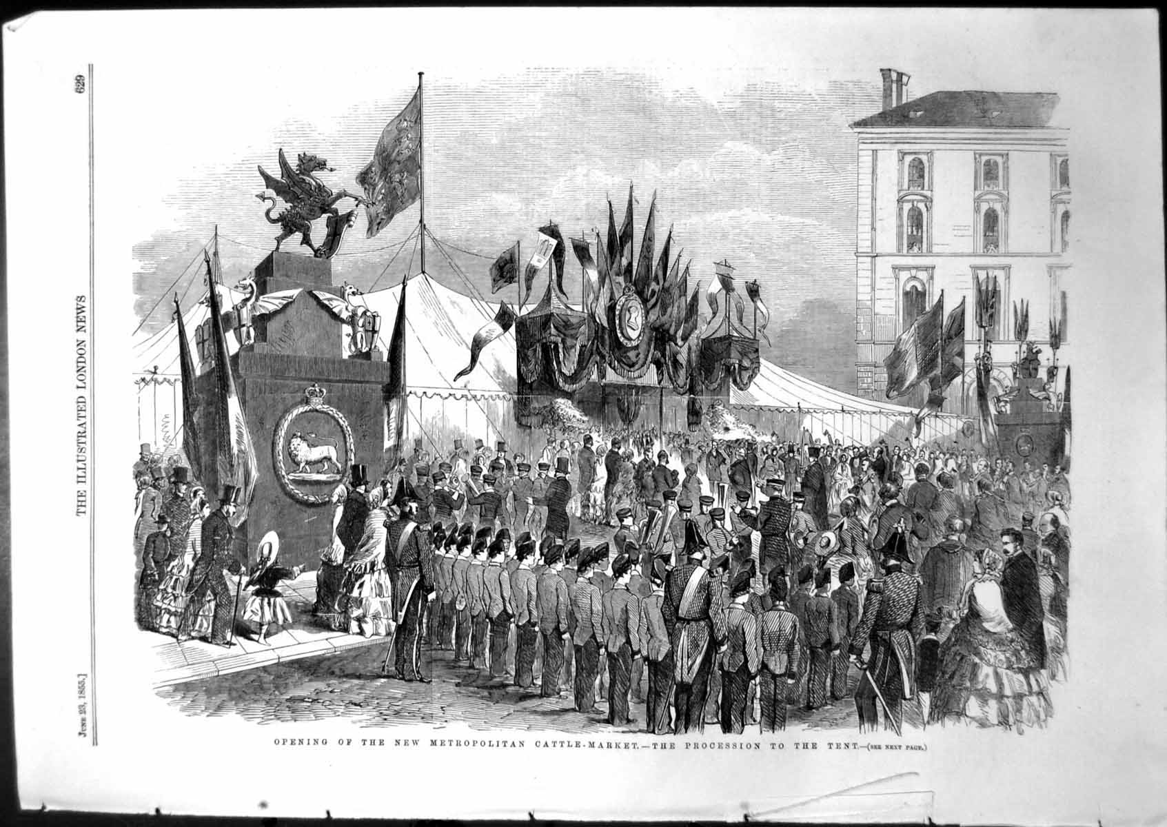Antique Old Print Opening New Metropolitan Cattle Market Procession Tent 1855