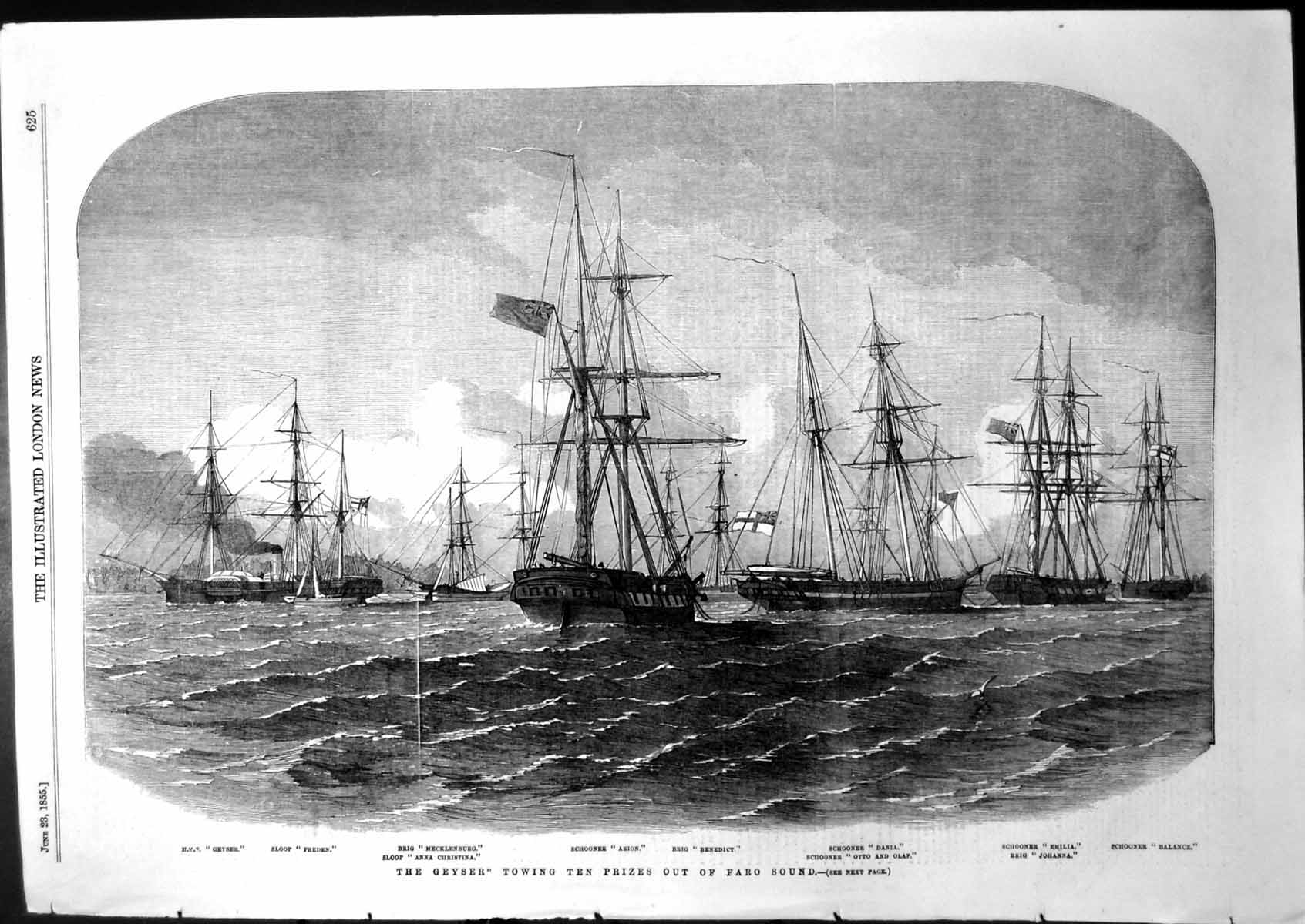 Antique Print Geyser Towing 10 Prizes Faro Sound Arion Freden Benedict 1855