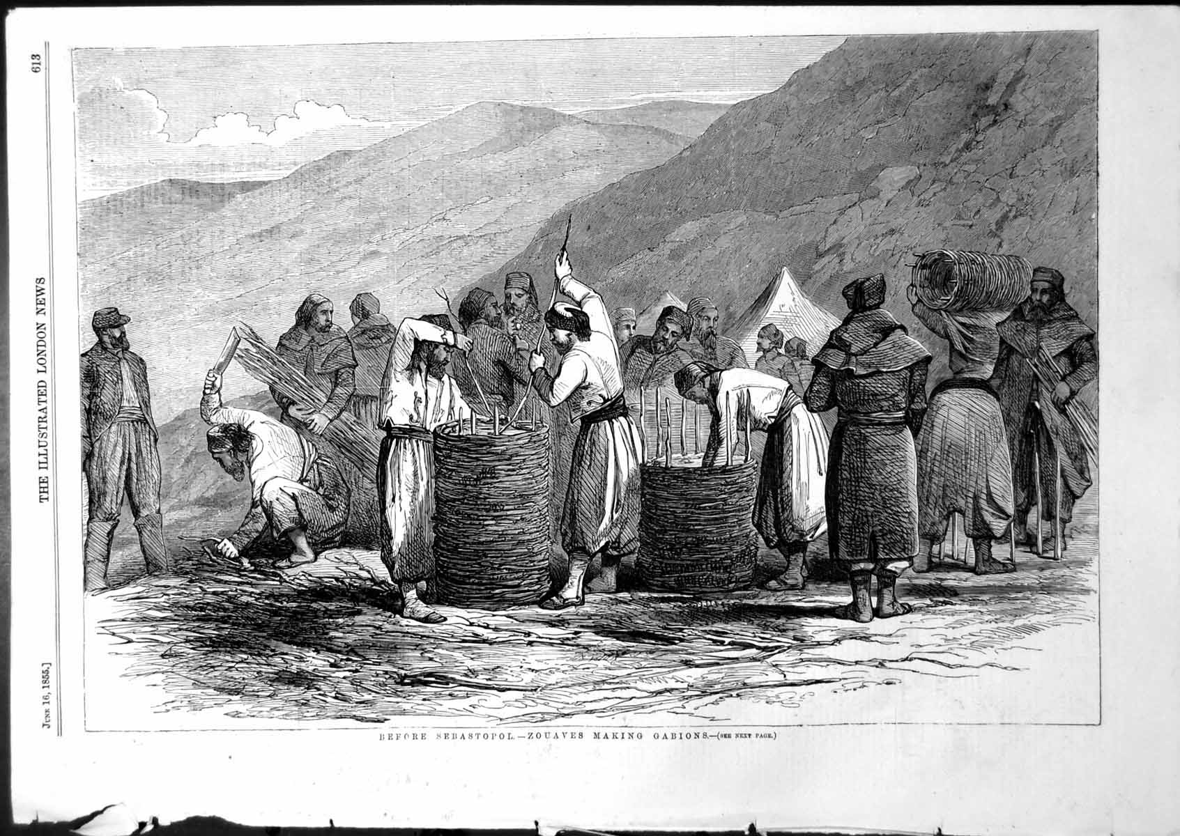 Antique Old Print Before Sebastopol Zouaves Making Gabions Basket Work 1855