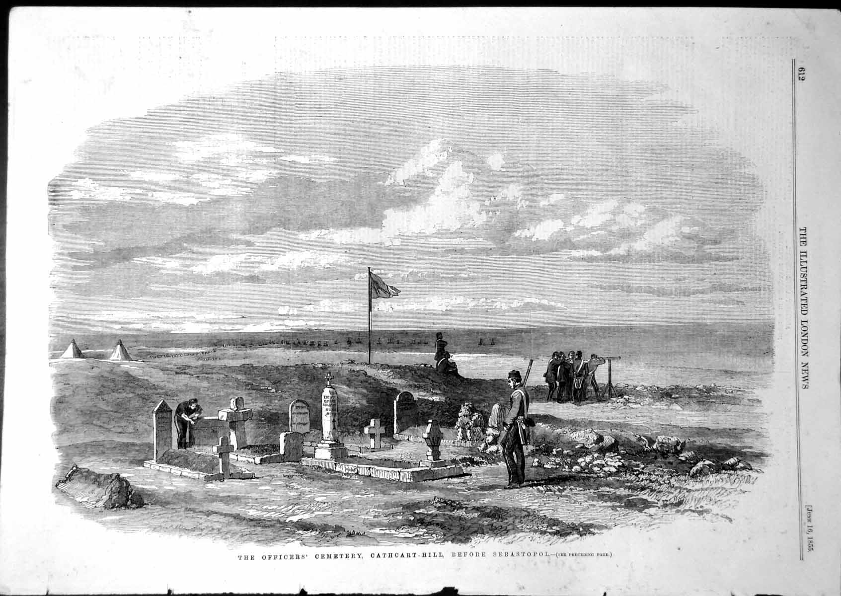 Old Antique Print Officers Cemetery Cathcart Hill Before Sebastopol 1855 19th