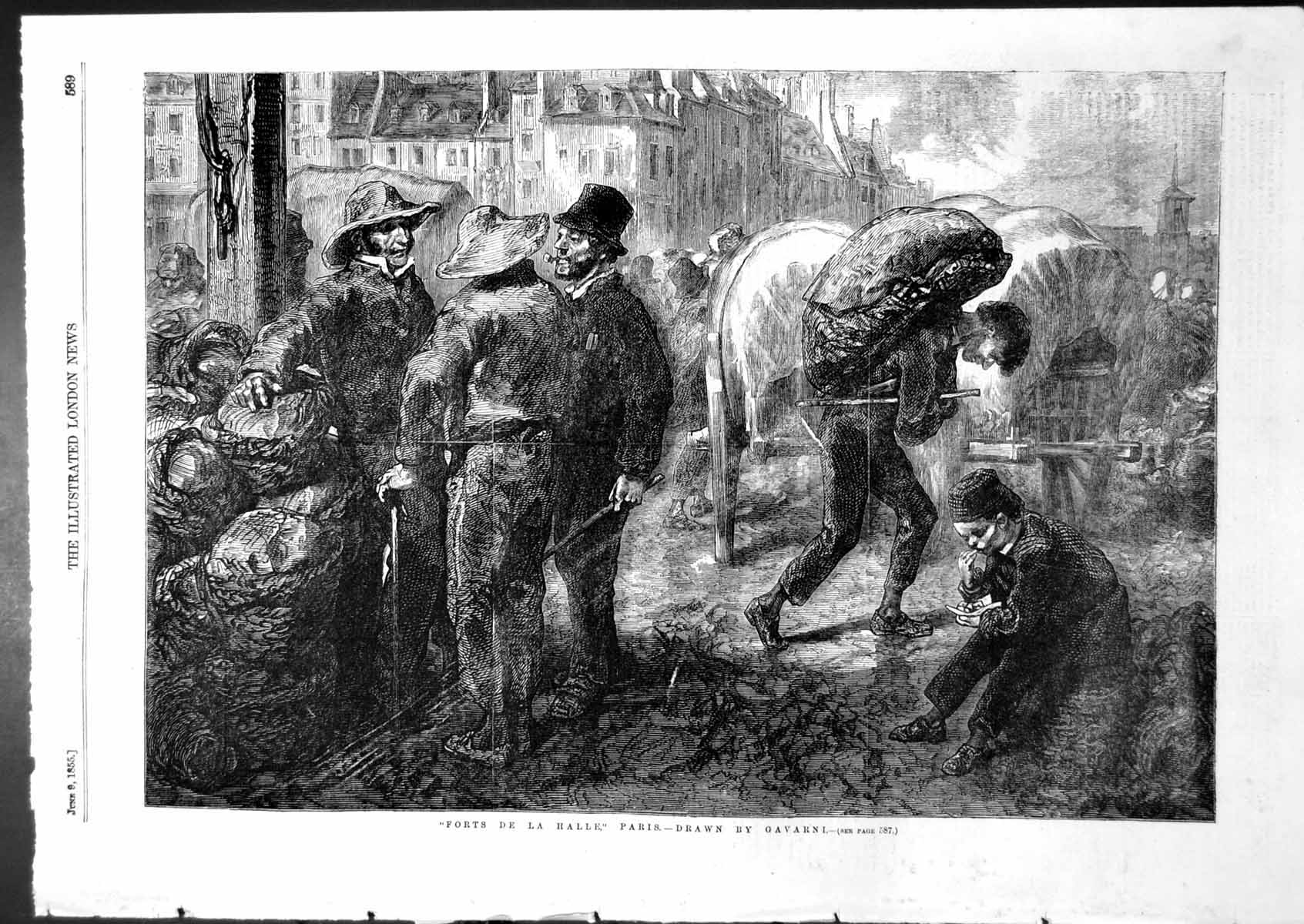 Antique Old Print Forts De La Halle Gavarni Man Carrying Baskets Market 1855