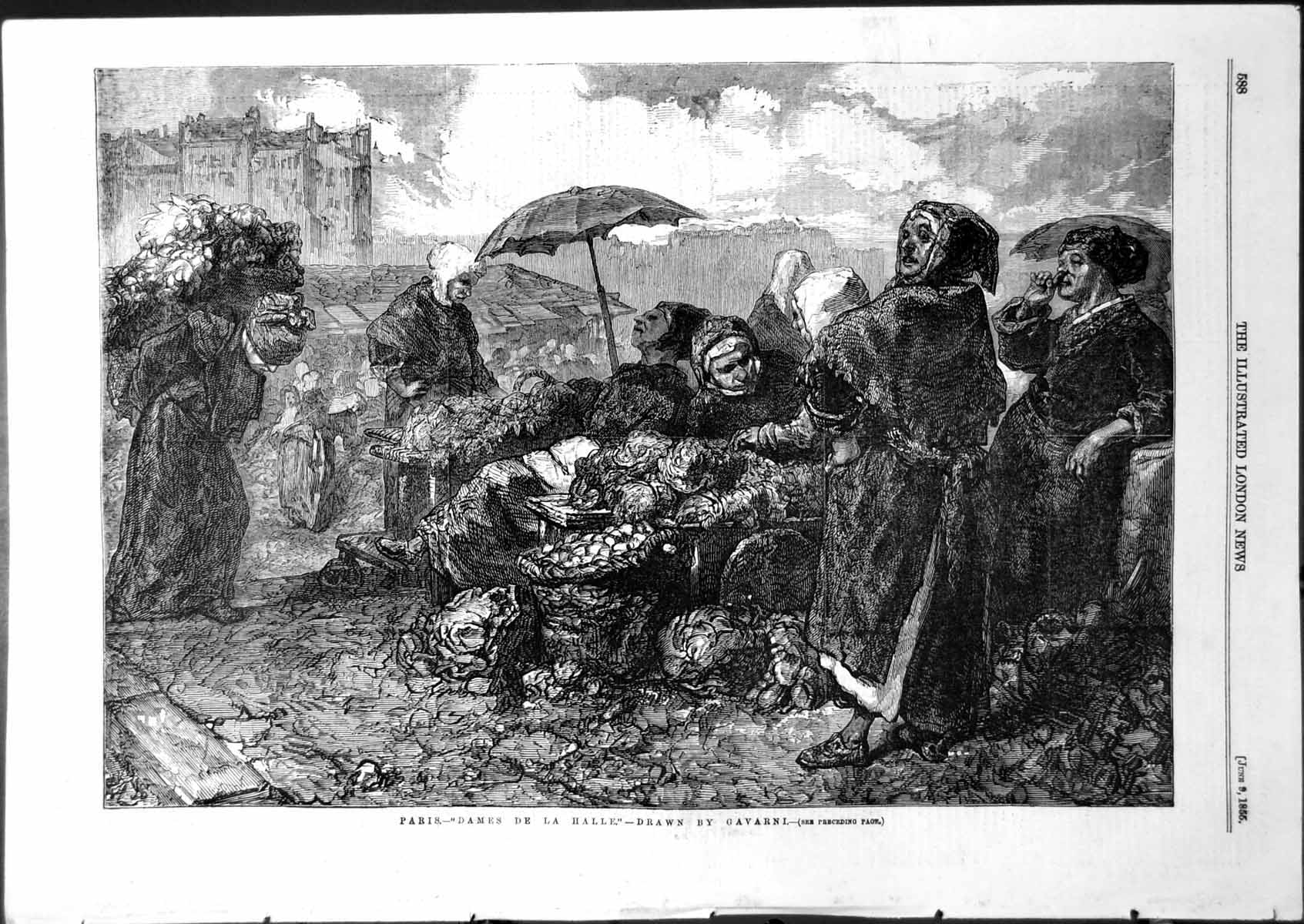 Original Old Antique Print Paris Dames De La Street Market Selling Produce 1855