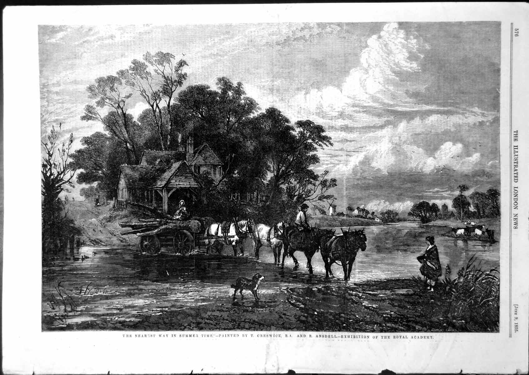 Antique Old Print Nearest Way Summer Time Creswick Ansdell Horses River 1855