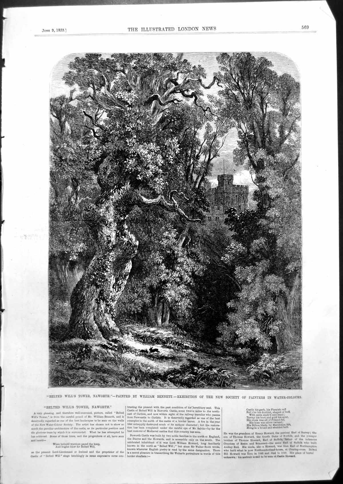 Antique Old Print Belted Wills Tower Naworth William Bennett Trees Tower 1855