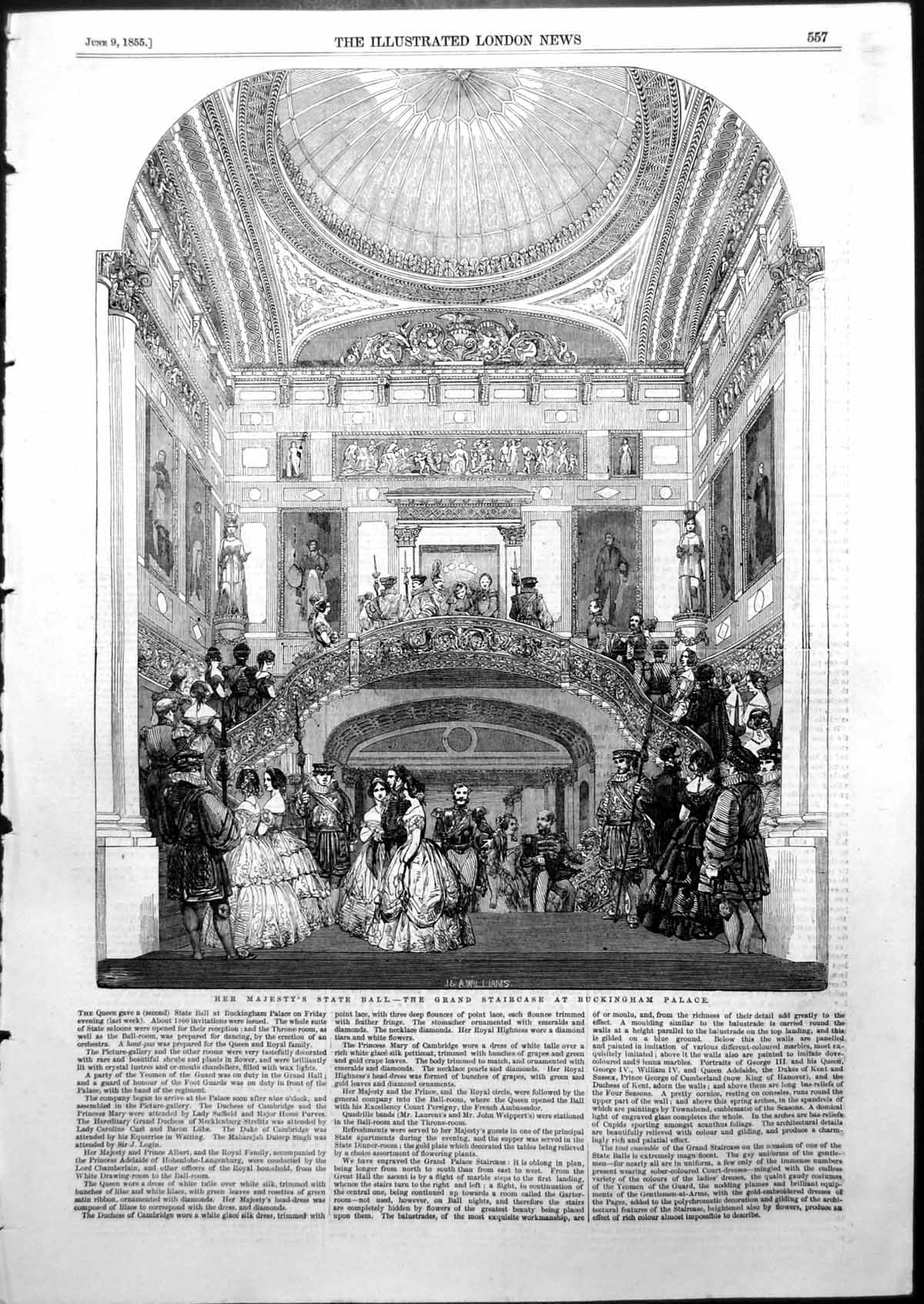 Old Print Her Majestys State Ball Grand Staircase Buckingham Palace 1855 19th