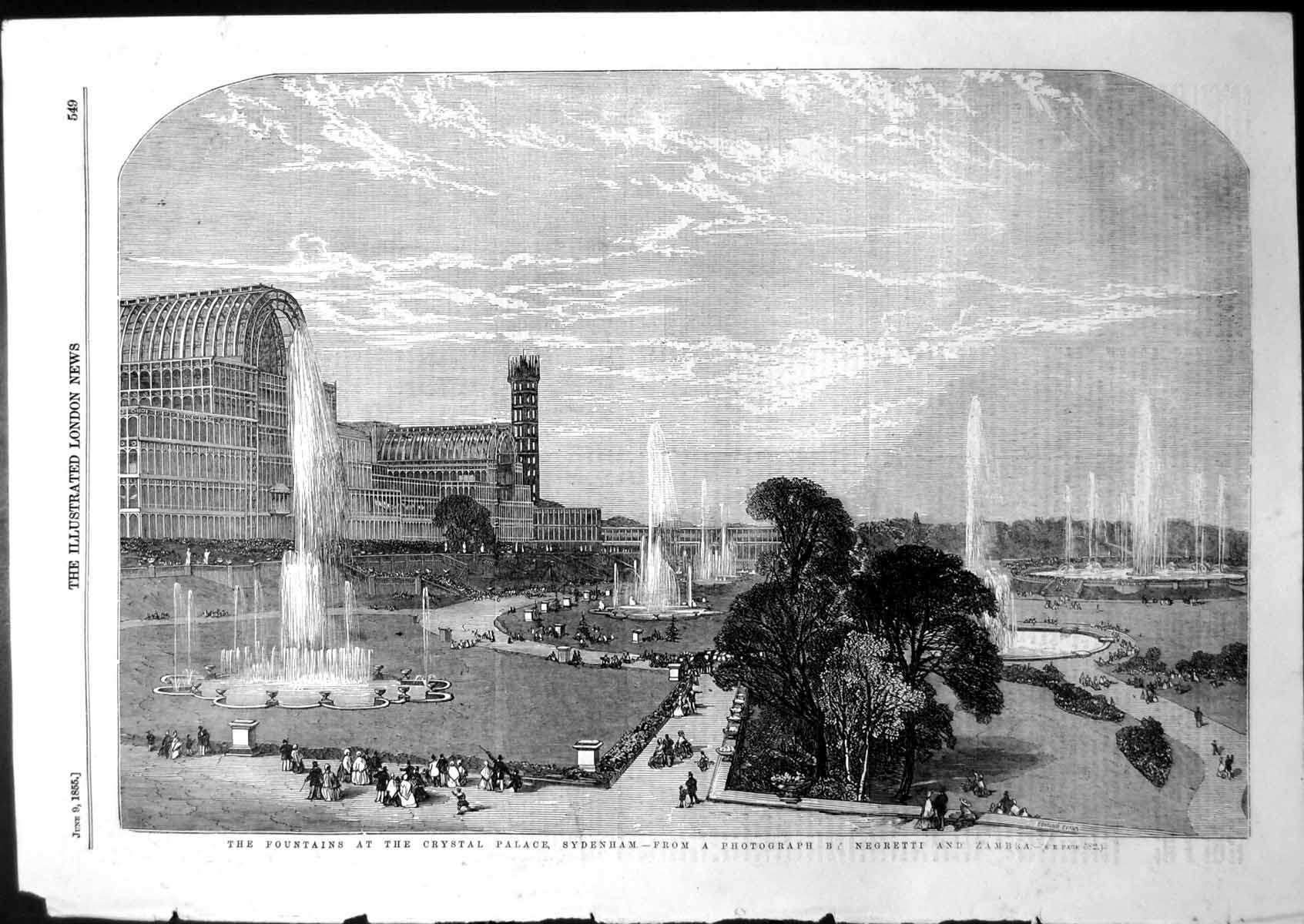 Old Antique Print Fountains Crystal Palace Sydenham Negretti Zamba 1855 19th