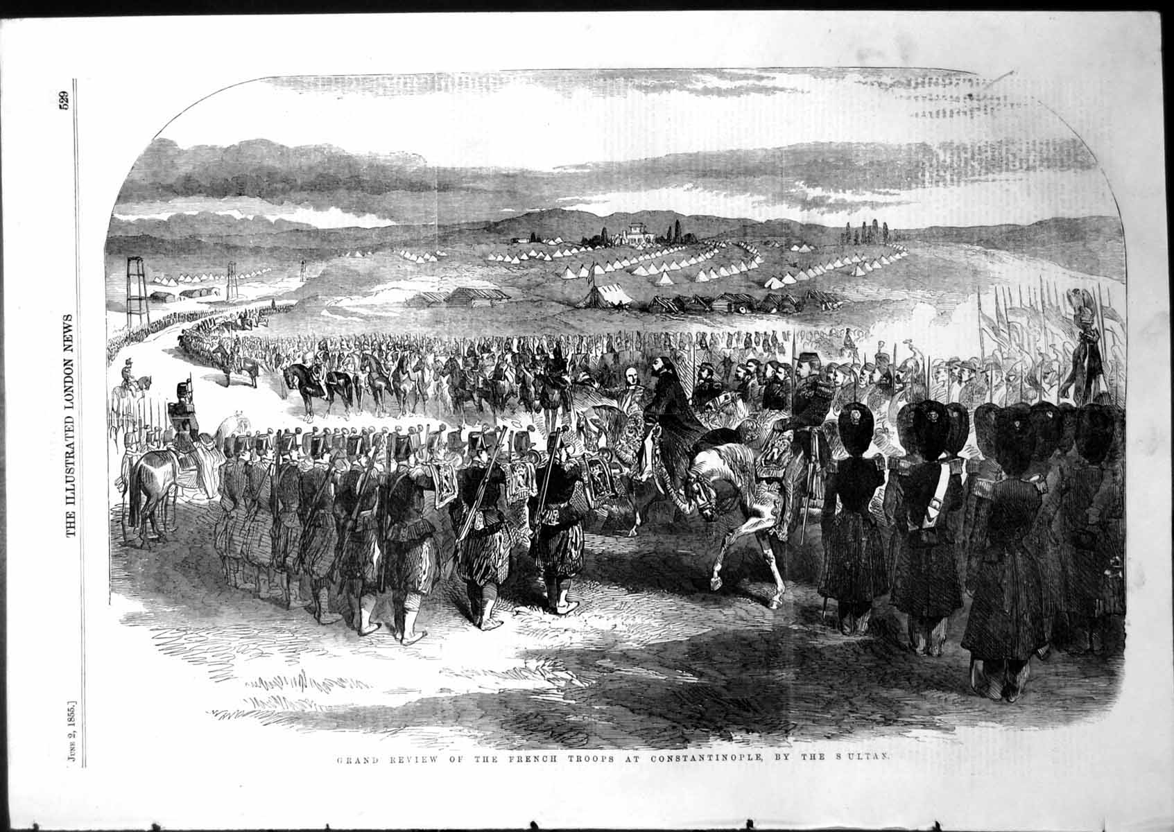 Old Antique Print Grand Review French Troops Constantinople Sultan 1855 19th