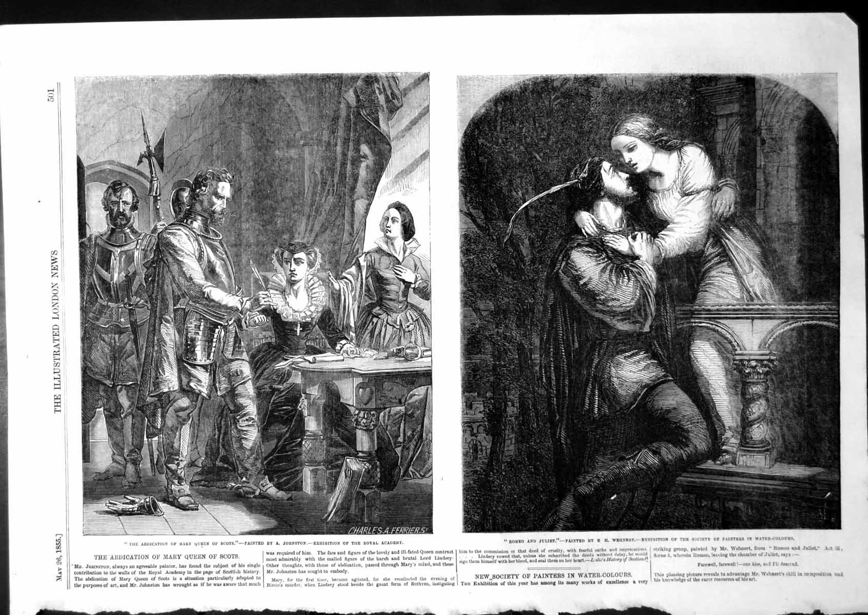 Old Antique Print Abdication Mary Queen Scots Johnston Romeo Juliet 1855 19th