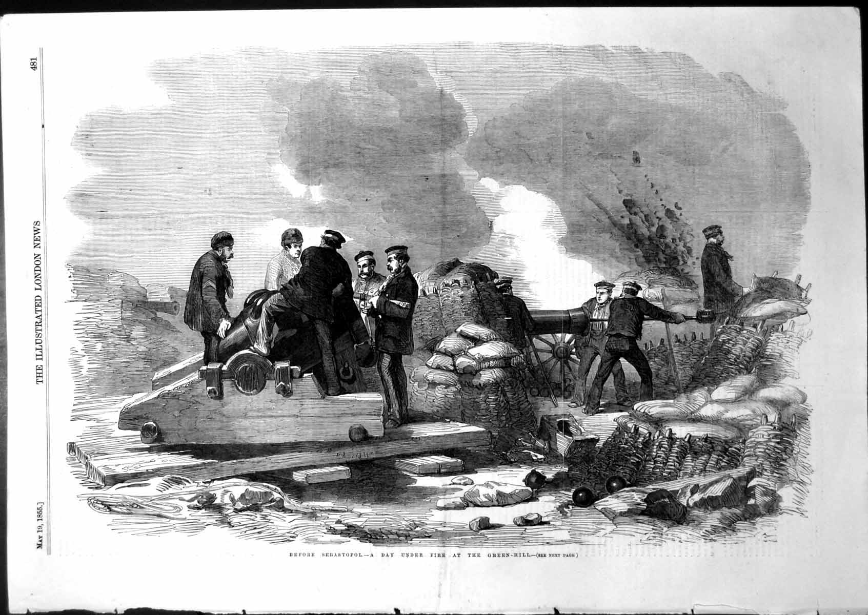 Original Old Antique Print Before Sebastopol Day Under Fire Green Hill 1855