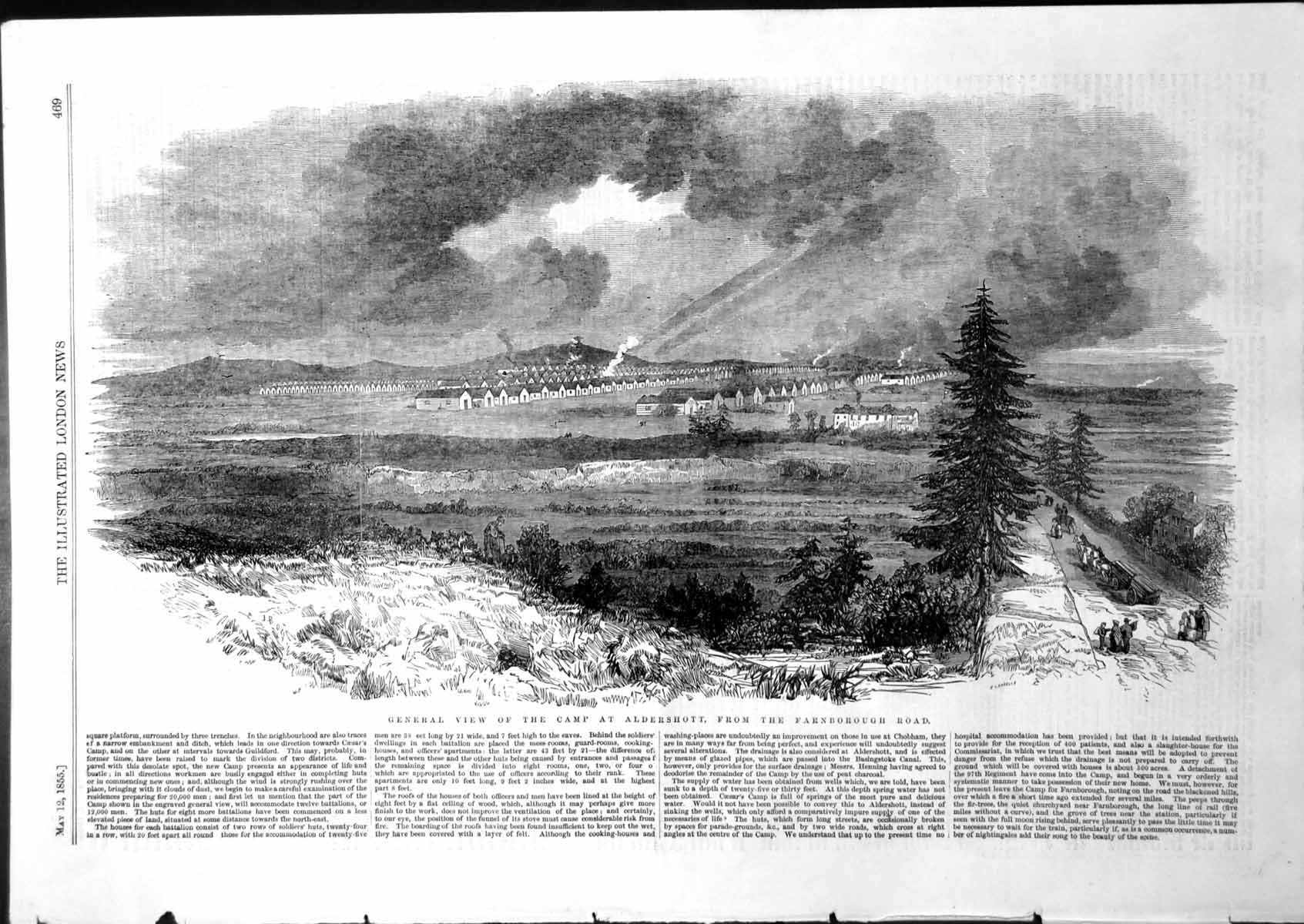 Old Antique Print General View Camp Aldershott From Farnborough Road 1855 19th