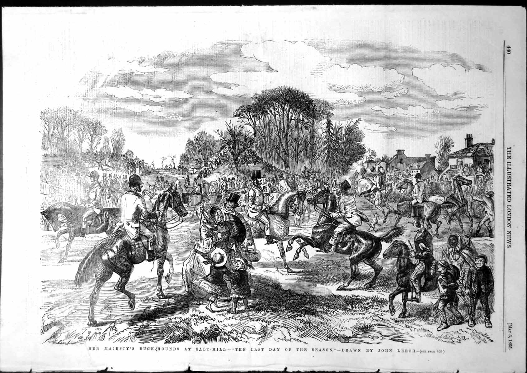 Antique Print Queens Buck Hounds Salt Hill Last Day Season John Leech 1855 19th