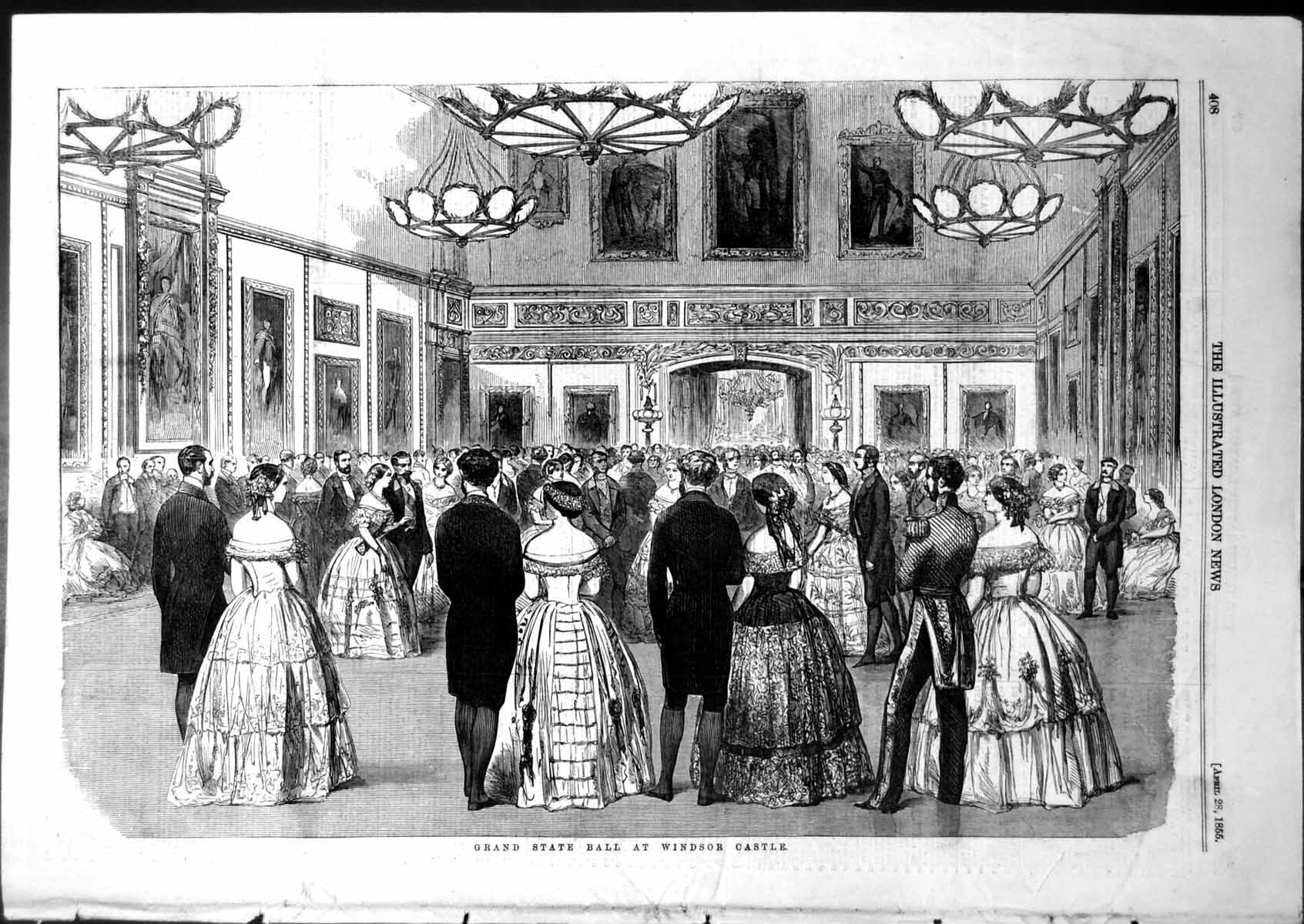 Old Antique Print Grand State Ball Windsor Castle Ladies Ballgowns 1855 19th