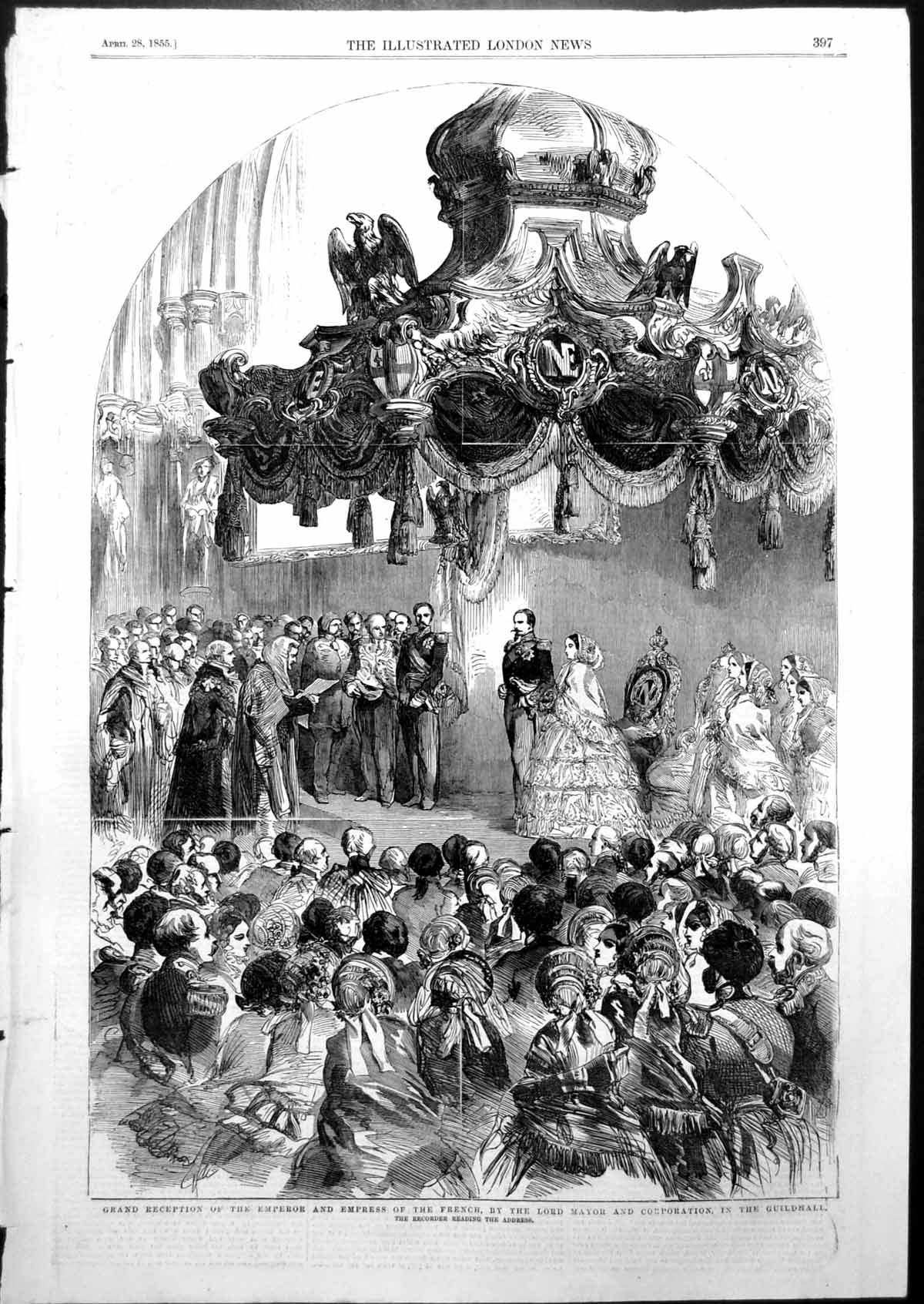 Antique Old Print Reception Emperor Empress French Lord Mayor Guildhall 1855