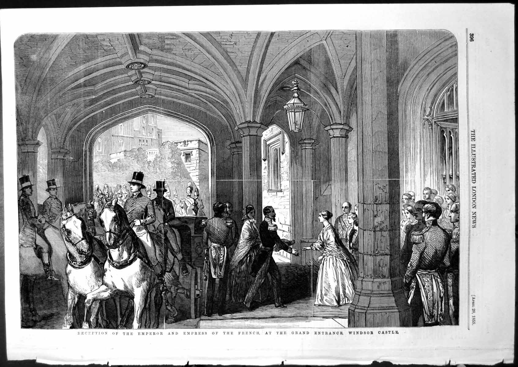 Antique Old Print Reception Emperor French Grand Entrance Windsor Castle 1855