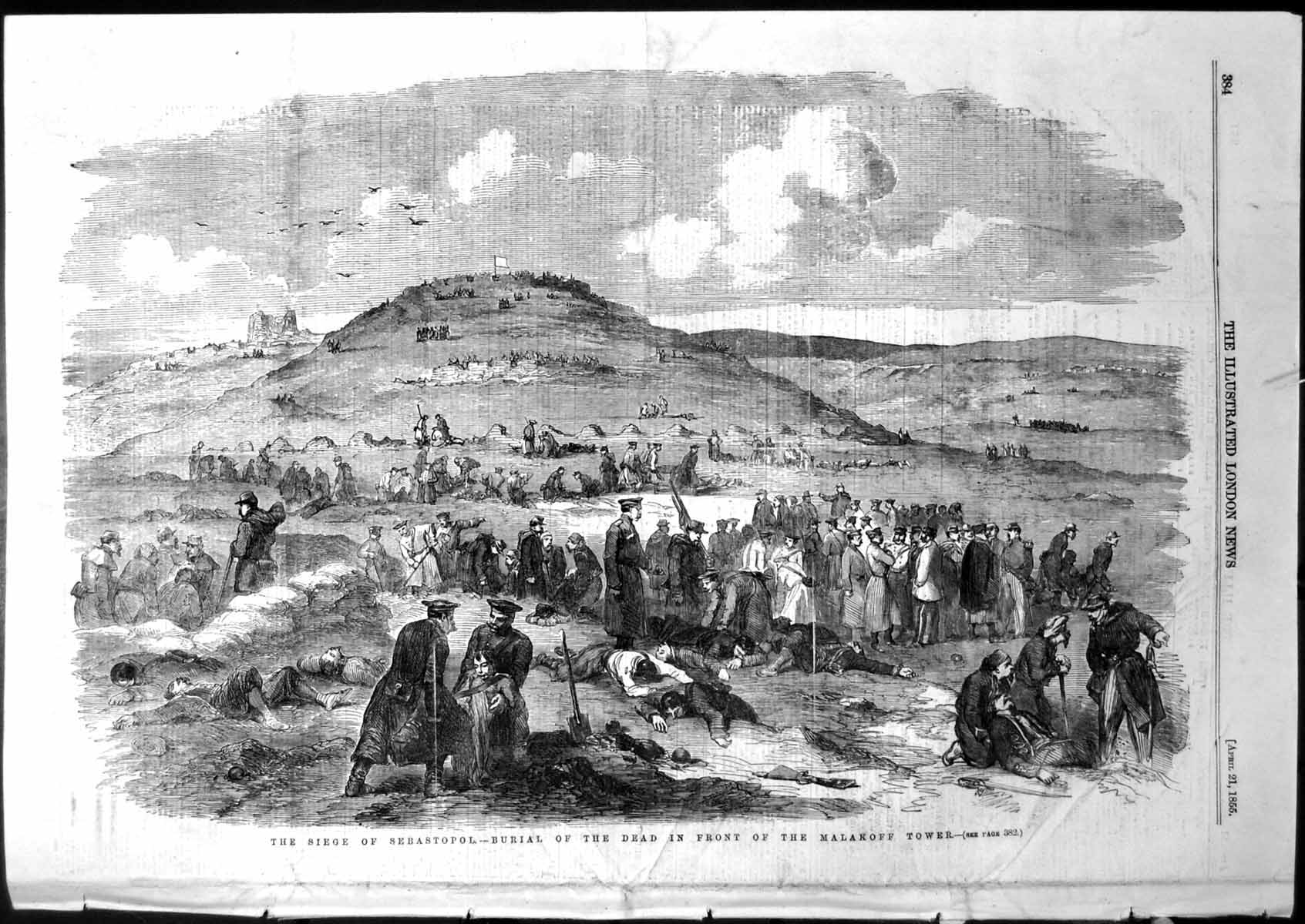 Old Antique Print Siege Sebastopol Burial Dead Front Malakoff Tower 1855 19th