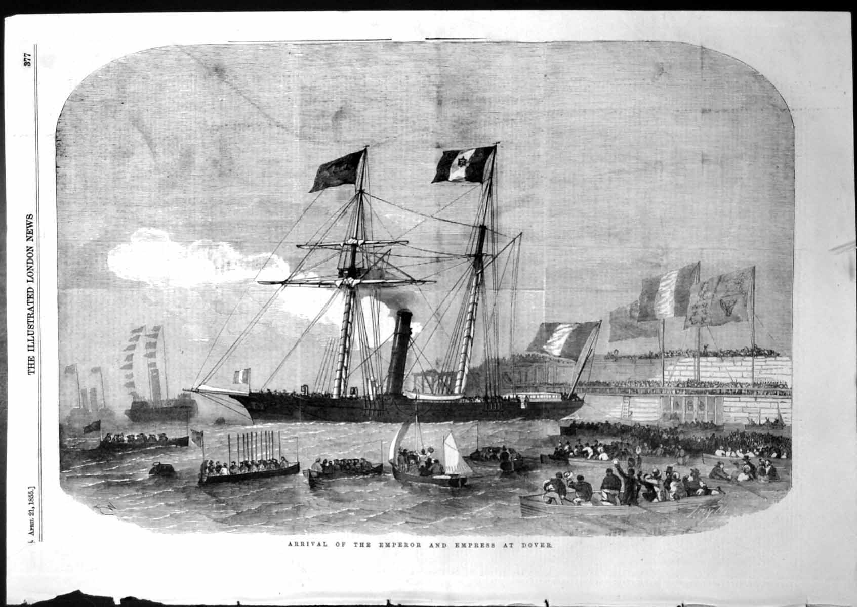 Old Antique Print Arrival Emperor Empress French Dover Flags Flying 1855 19th
