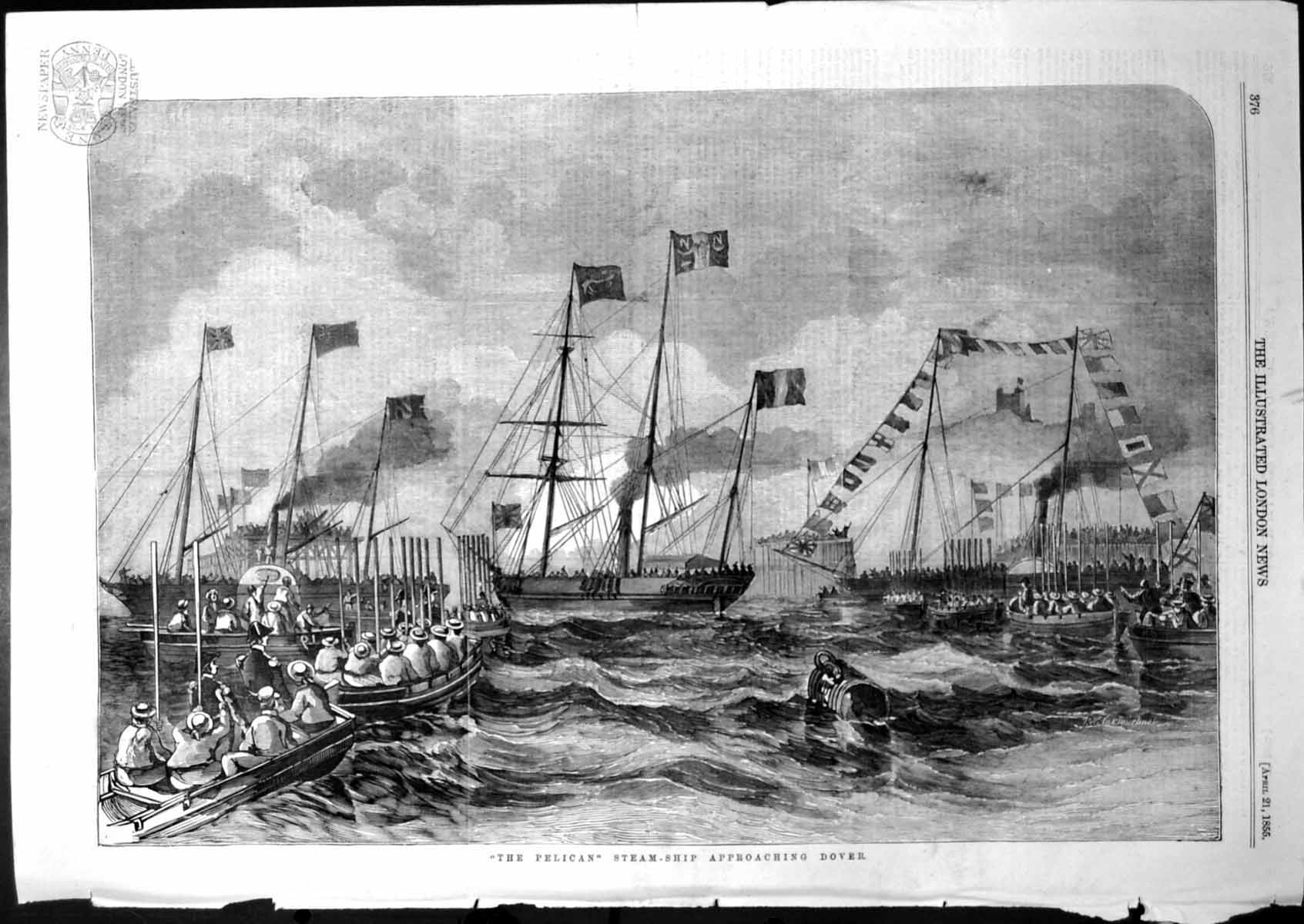 Antique Print Pelican Steam Ship Approaching Dover Welcome Small Boats 1855