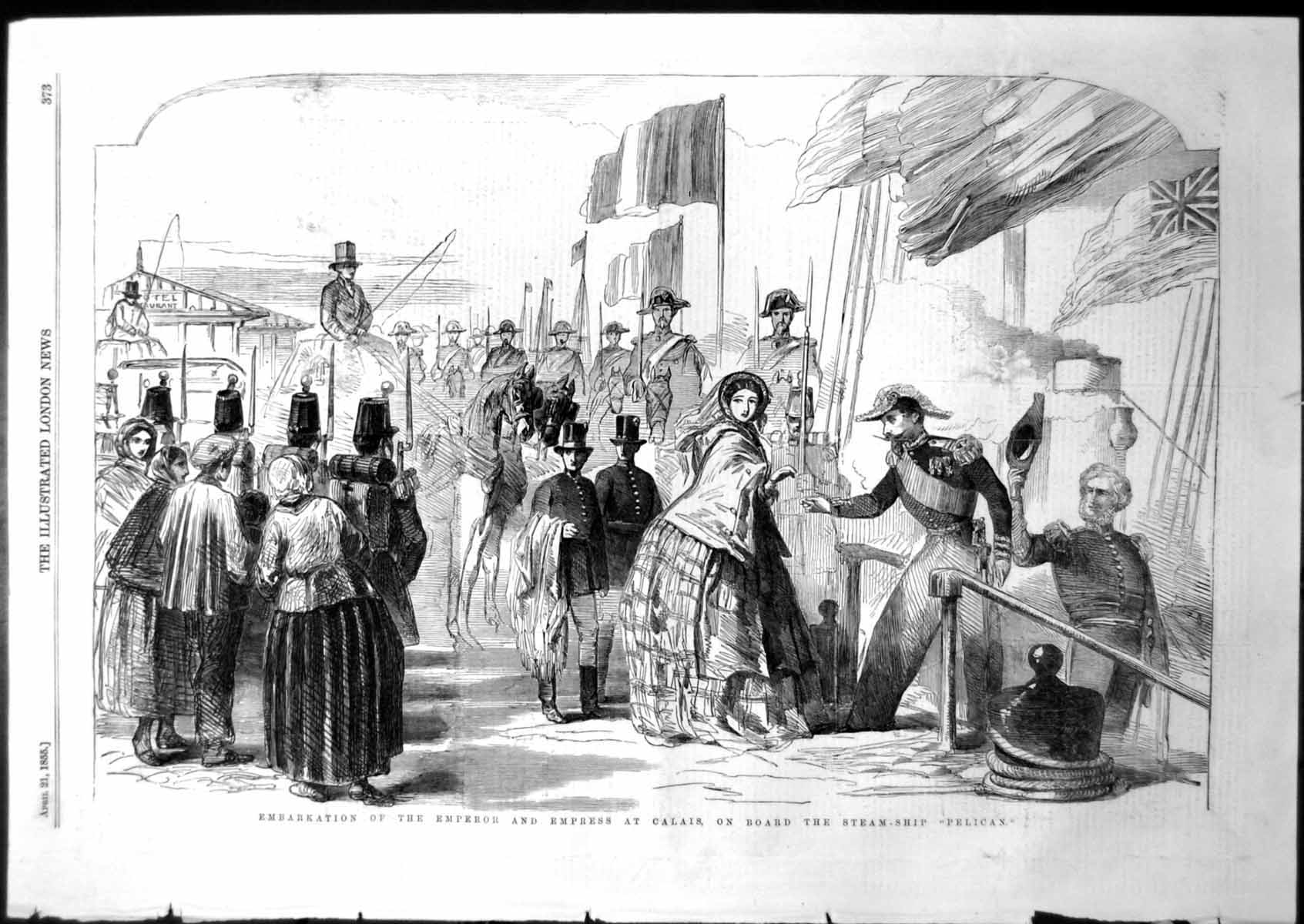 Antique Old Print Embarkation Emperor Empress Calais Steam Ship Pelican 1855