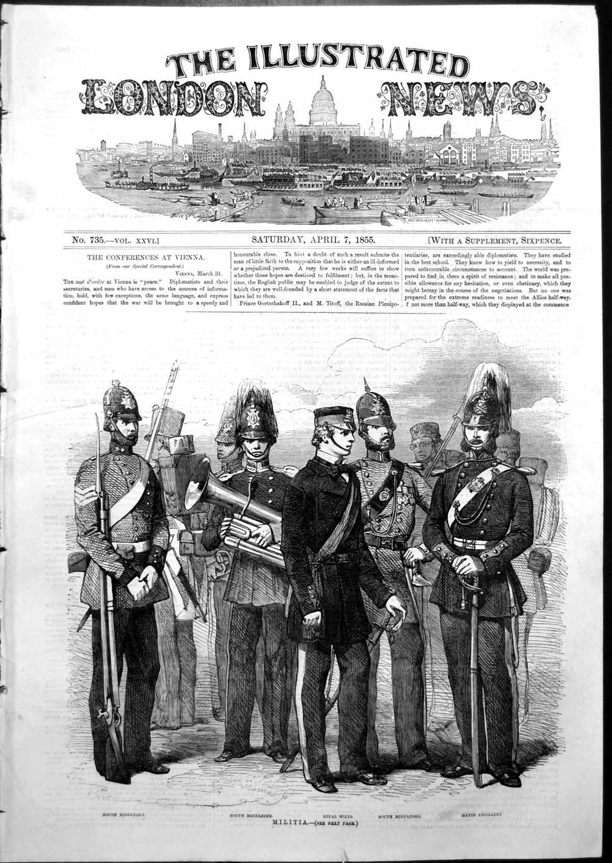 Antique Old Print Militia South Middlesex Hants Artillery Royal Wilts 1855 19th