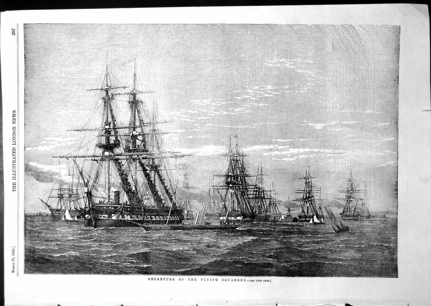 Antique Old Print Departure Flying Squadron Baltic Fleet Spithead Kiel 1855