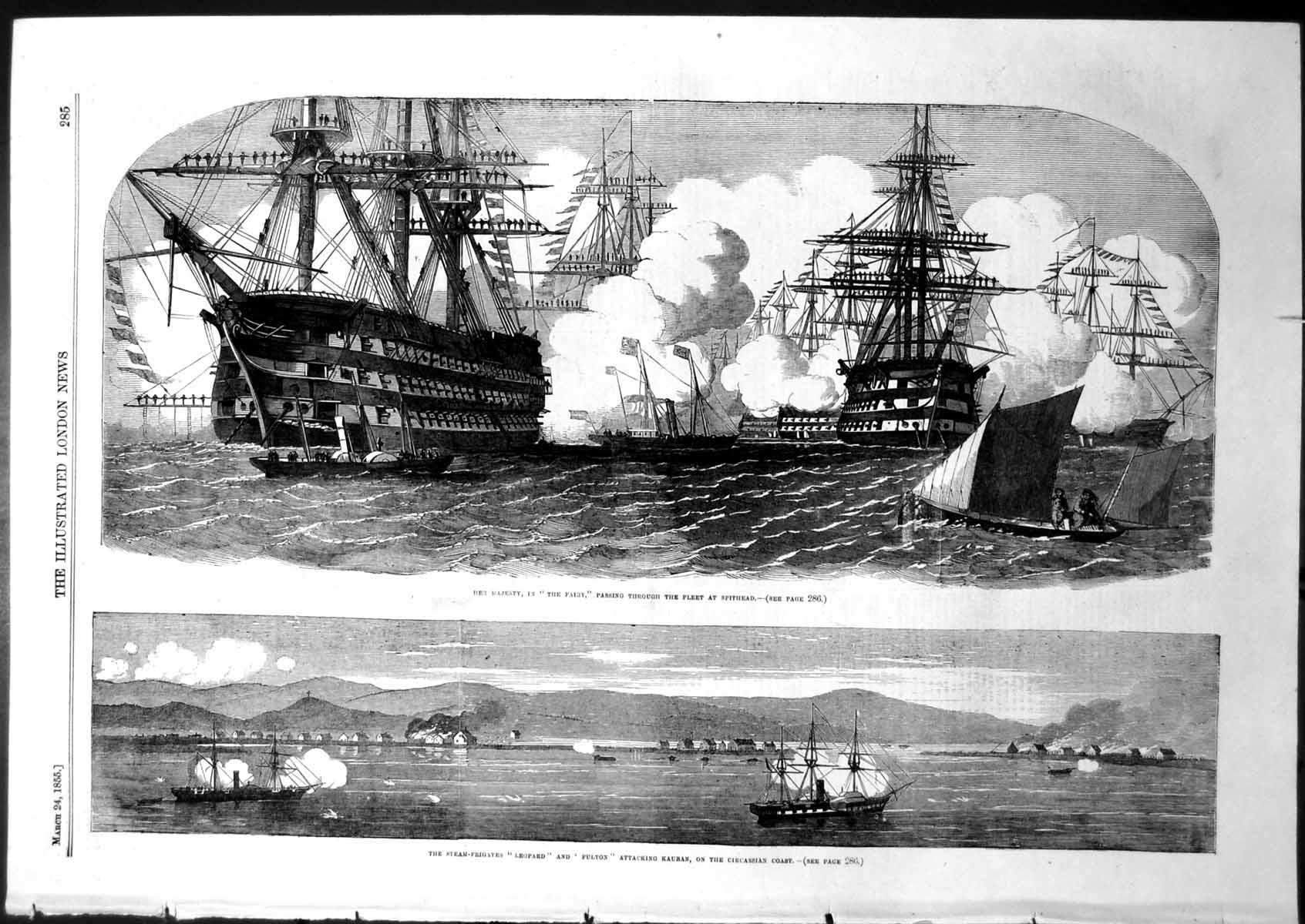 Antique Print Queen Fairy Passing Fleet Spithead Leopard Fulton Kauban 1855