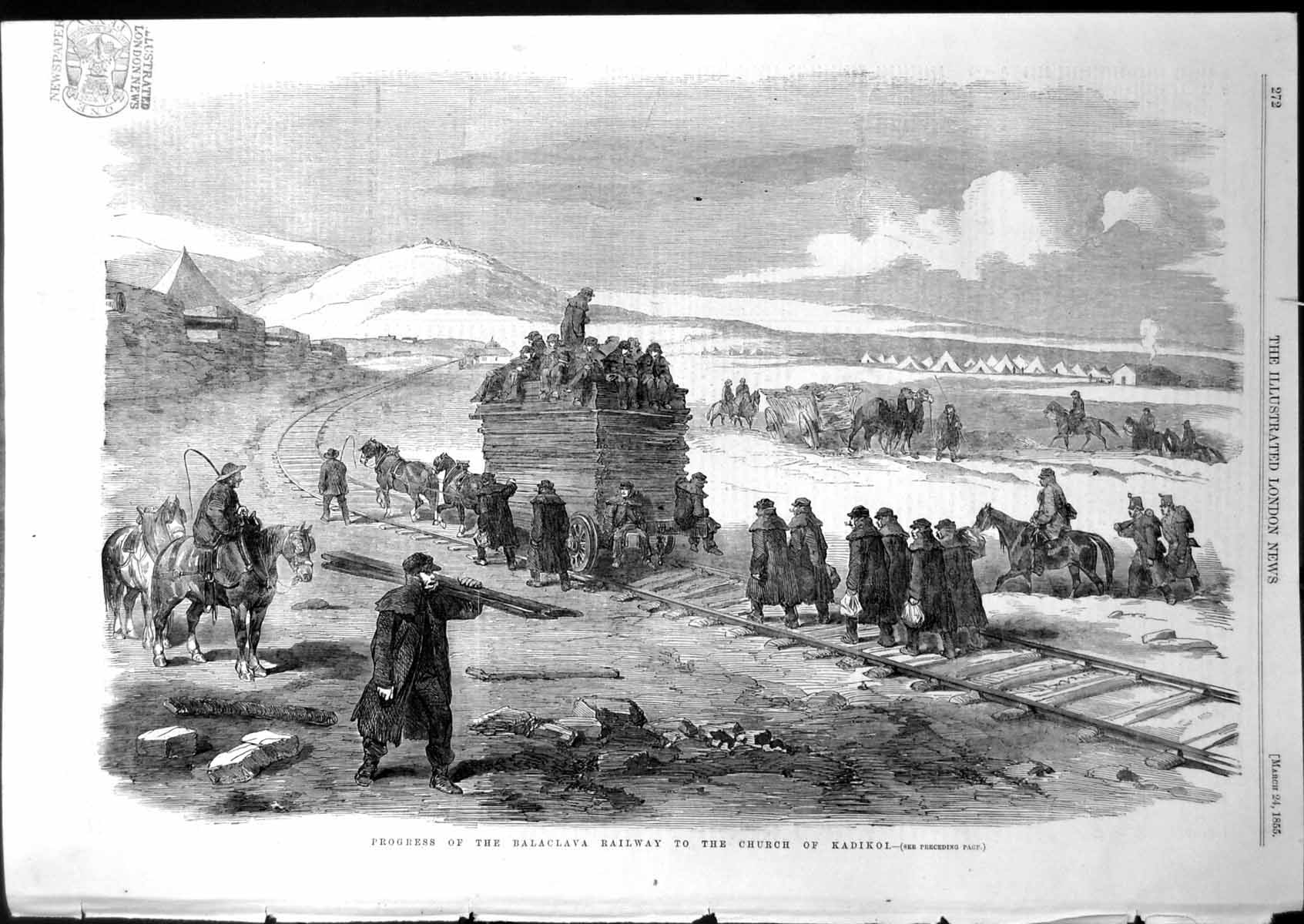 Original Old Antique Print Progress Balaclava Railway Church Kadikoi 1855 19th