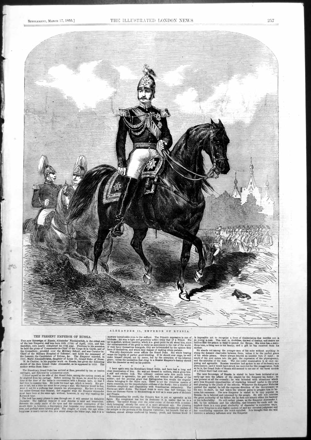 Antique Old Print Alexander 11 Emperor Russia Nicolaiewitch Horseback 1855
