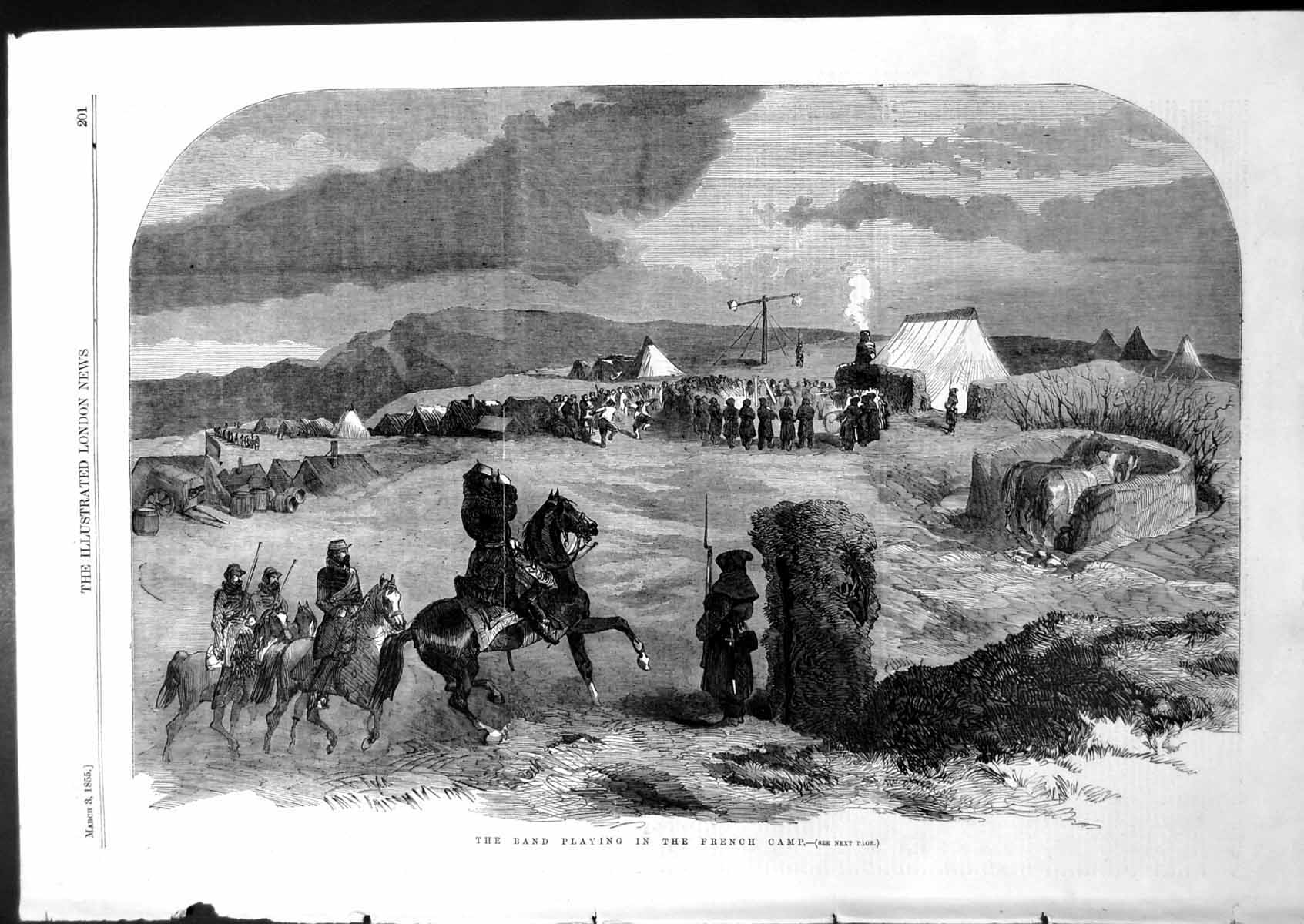 Original Old Antique Print Band Playing French Camp General Canrobert 1855 19th