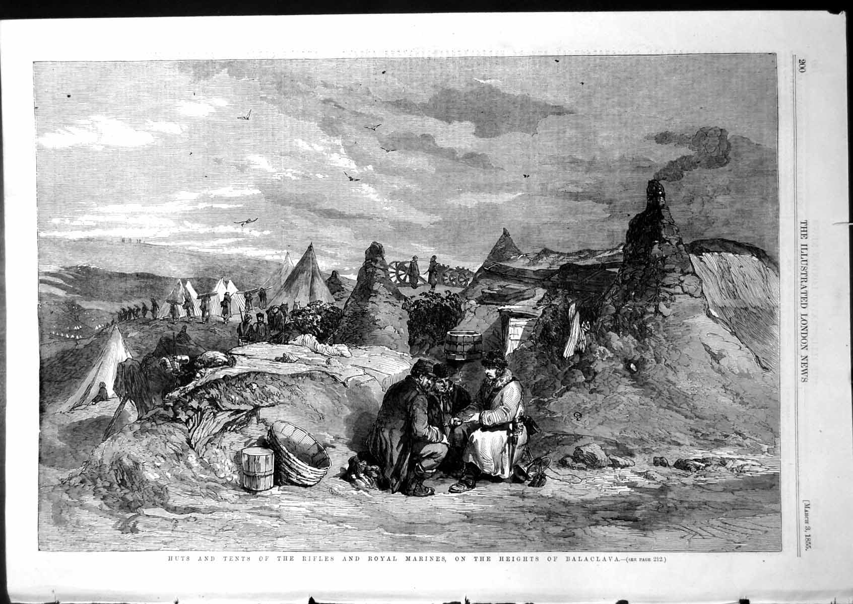Old Antique Print Huts Tents Rifles Royal Marines Heights Balaclava 1855 19th