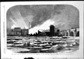 Original Old Antique Print Great Fire Bankside Sketched North Bank Thames 1855