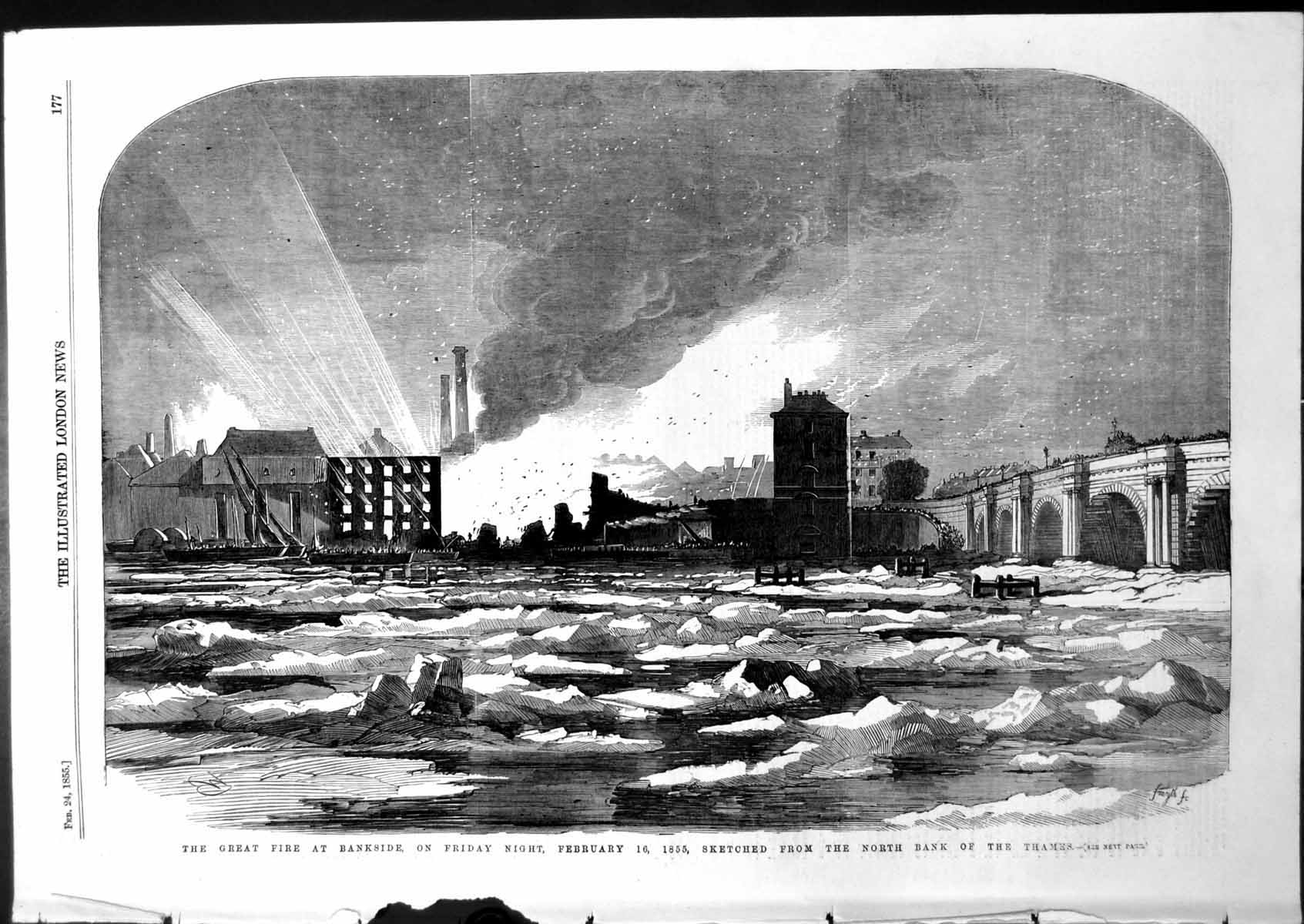Original Old Antique Print Great Fire Bankside Sketched North Bank Thames 1855