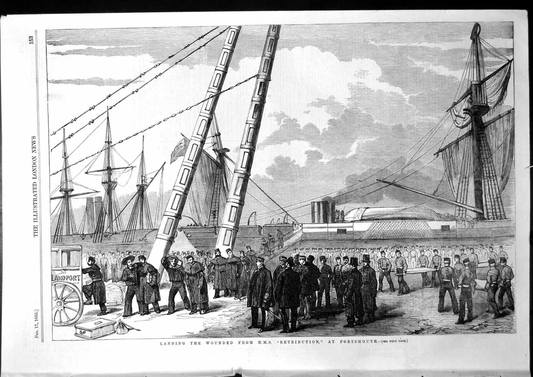 Original Old Antique Print Landing Wounded From Hms Retribution Portsmouth 1855