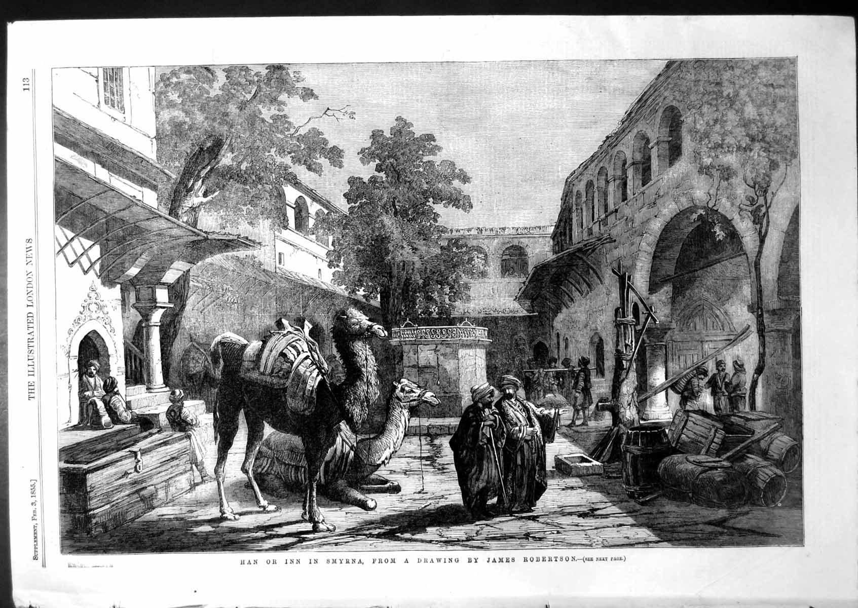 Antique Old Print Khan Or Inn Smyrna James Robertson Camels Rest Turks 1855