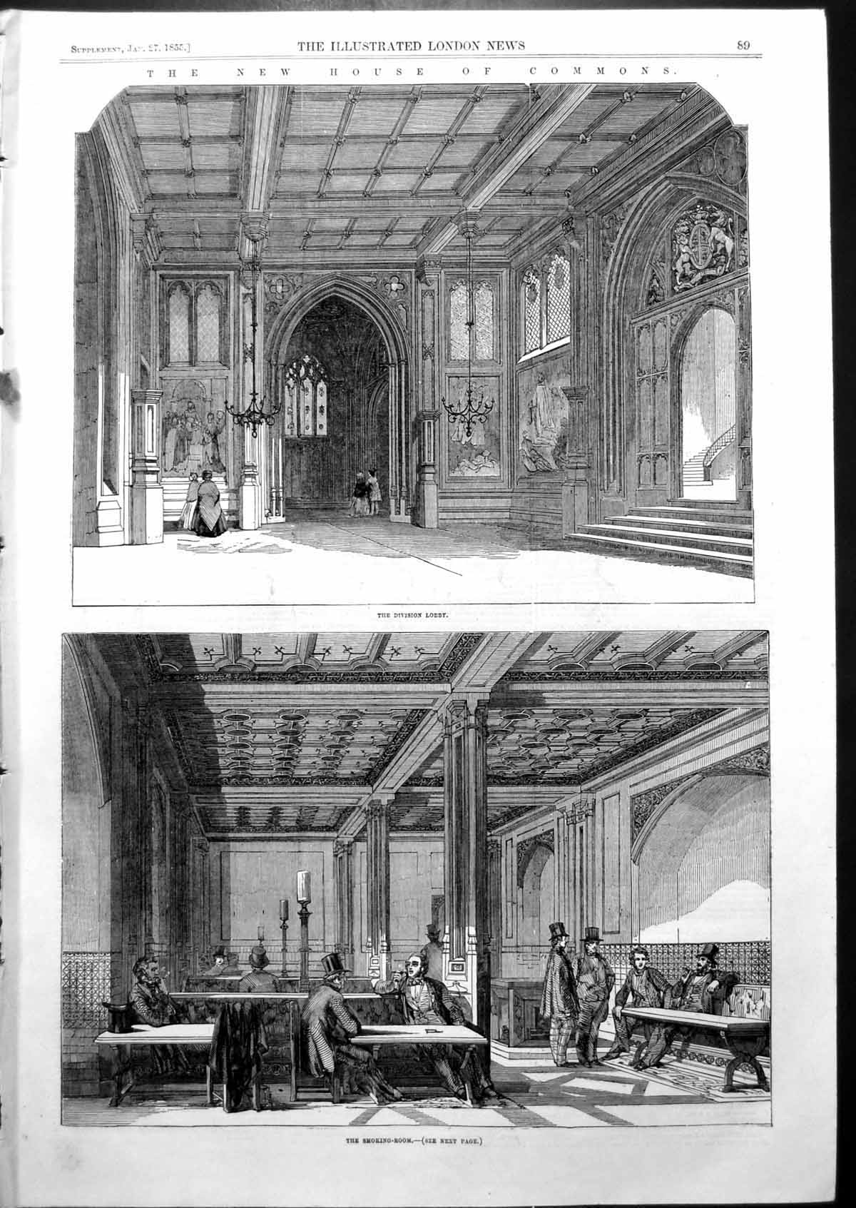Antique Old Print New House Commons Division Lobby Smoking Room 1855 Ref.2 19th