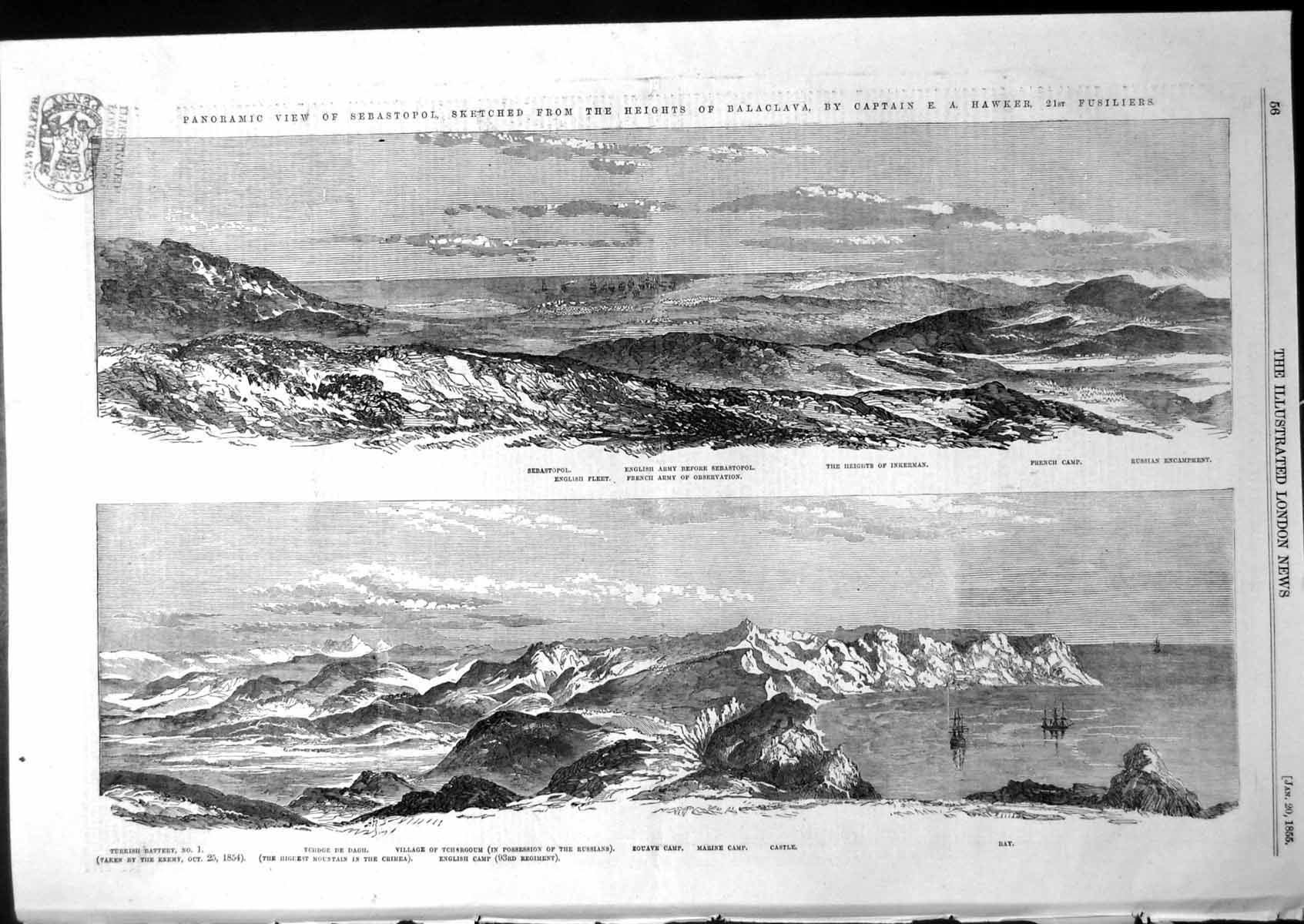 Old Antique Print Panoramic View Sebastopol English Army French Camp 1855 19th