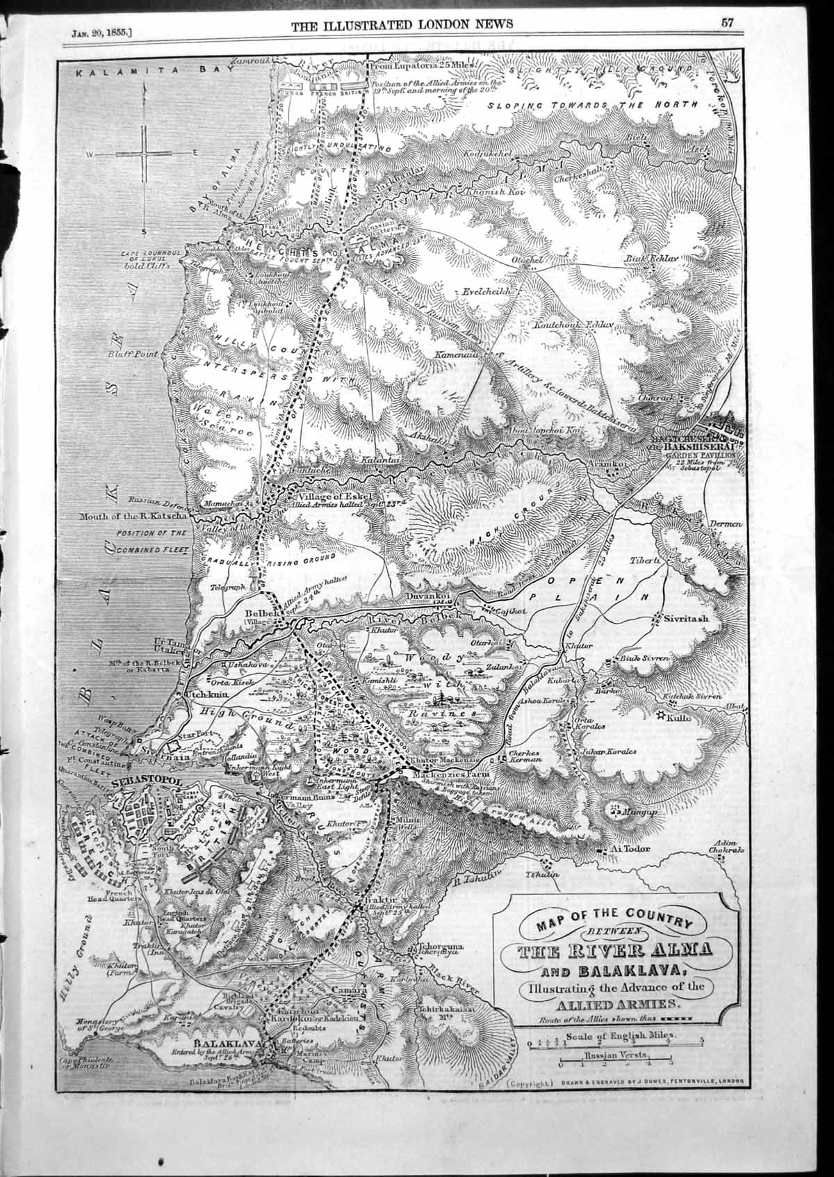 Antique Print Map River Alma Balaklava Advance Allied Armies Black Sea 1855