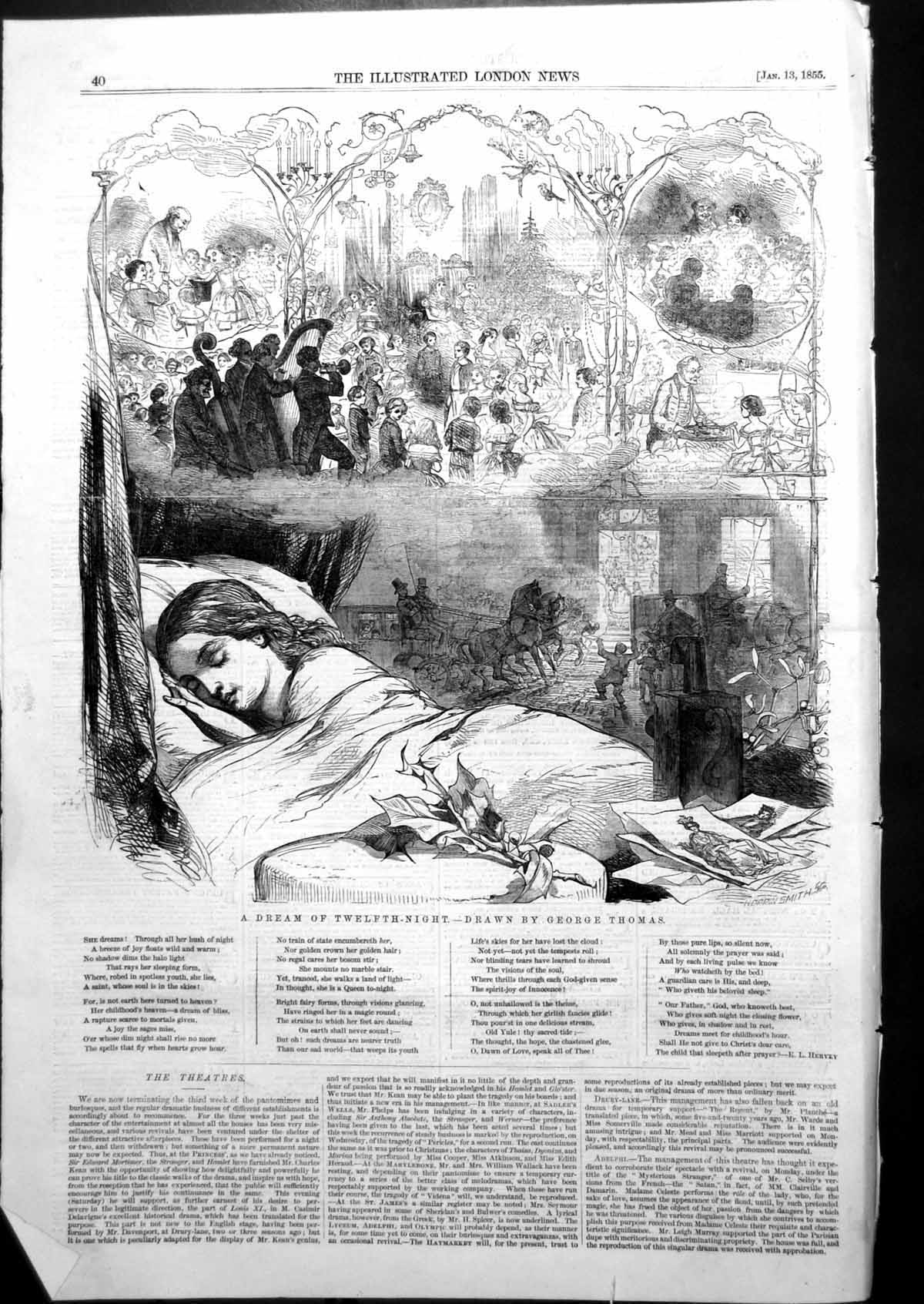 Old Antique Print Dream Twelth Night George Thomas Girl Bed Asleep 1855 19th
