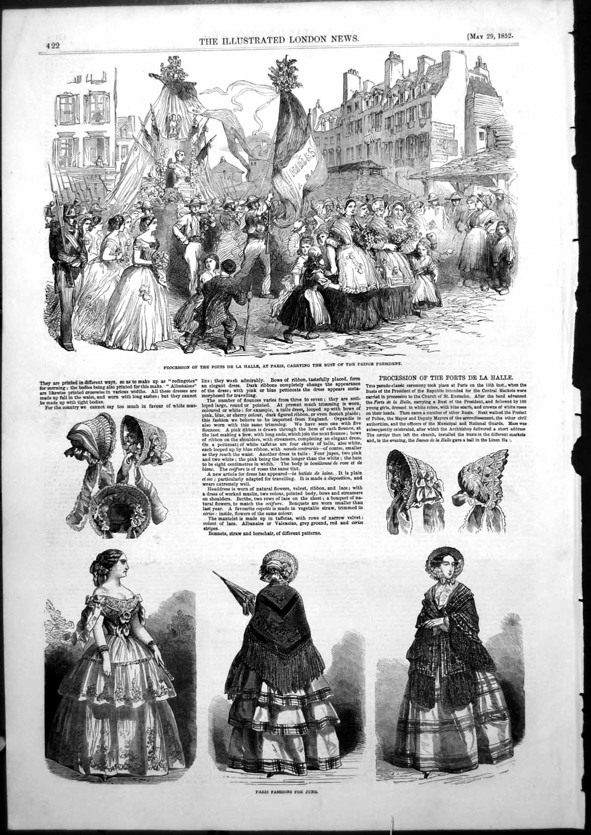 Antique Print Procession Forts De La Halle Paris Bust Prince President 1852