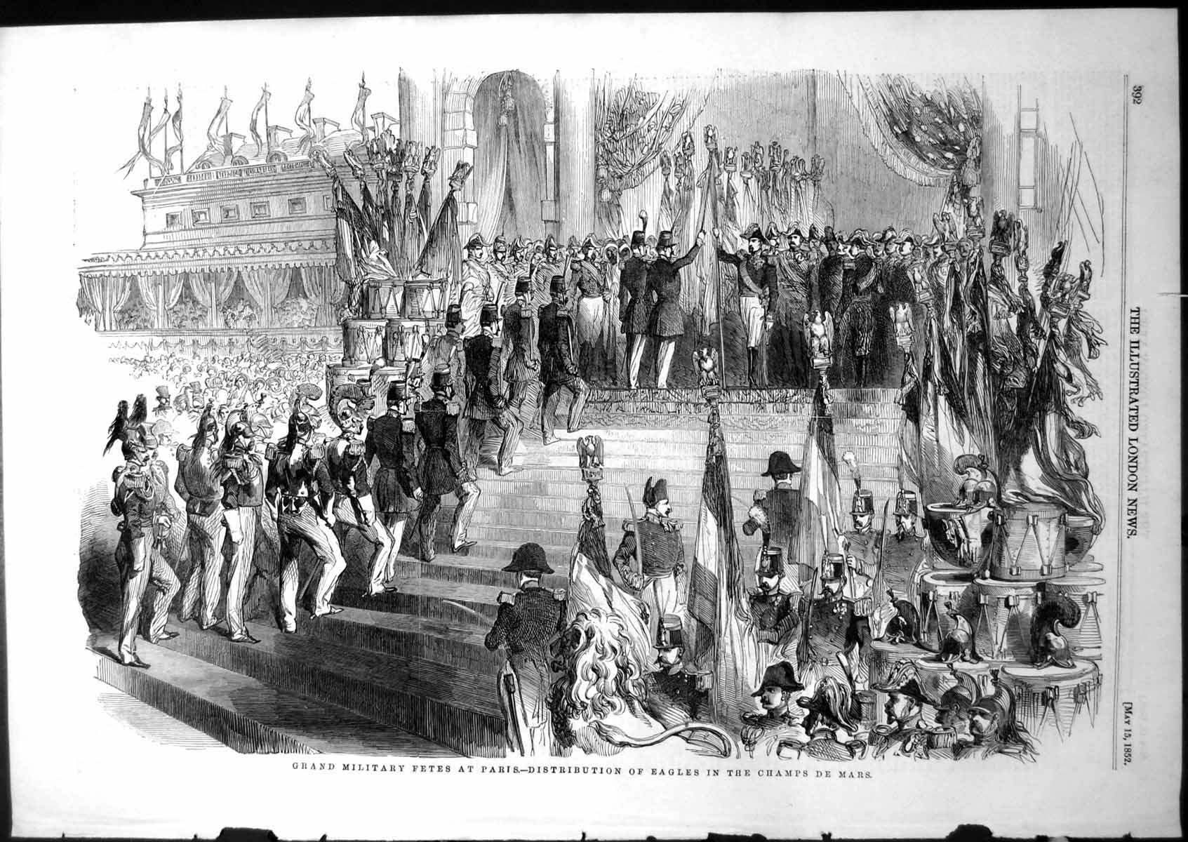 Old Print Grand Military Fetes Paris Distribution Eagles Champs Mars 1852 19th