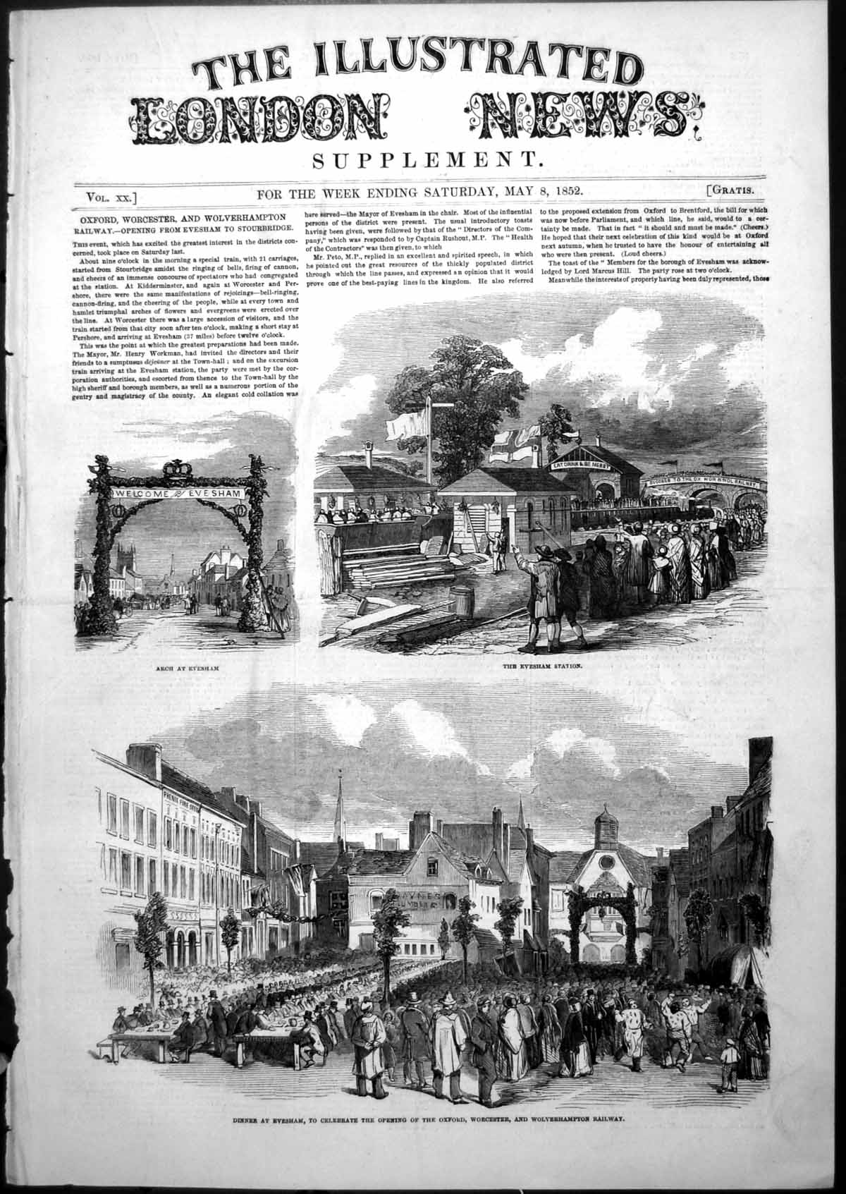 Antique Old Print Opening Oxford Worcester Wolverhampton Railway Evesham1852