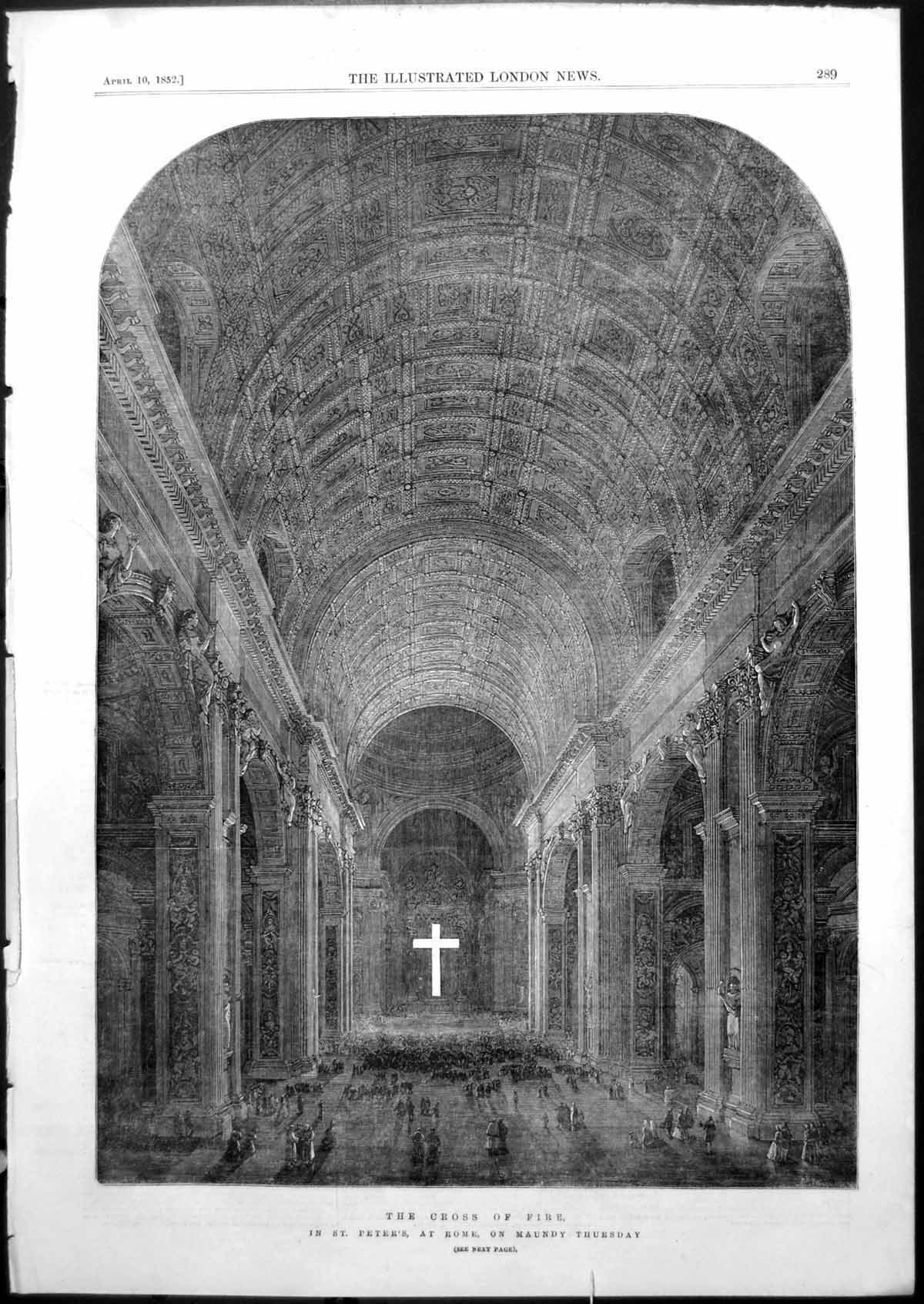 Original Old Antique Print Cross Fire St Peters Rome Maundy Thursday 1852 19th