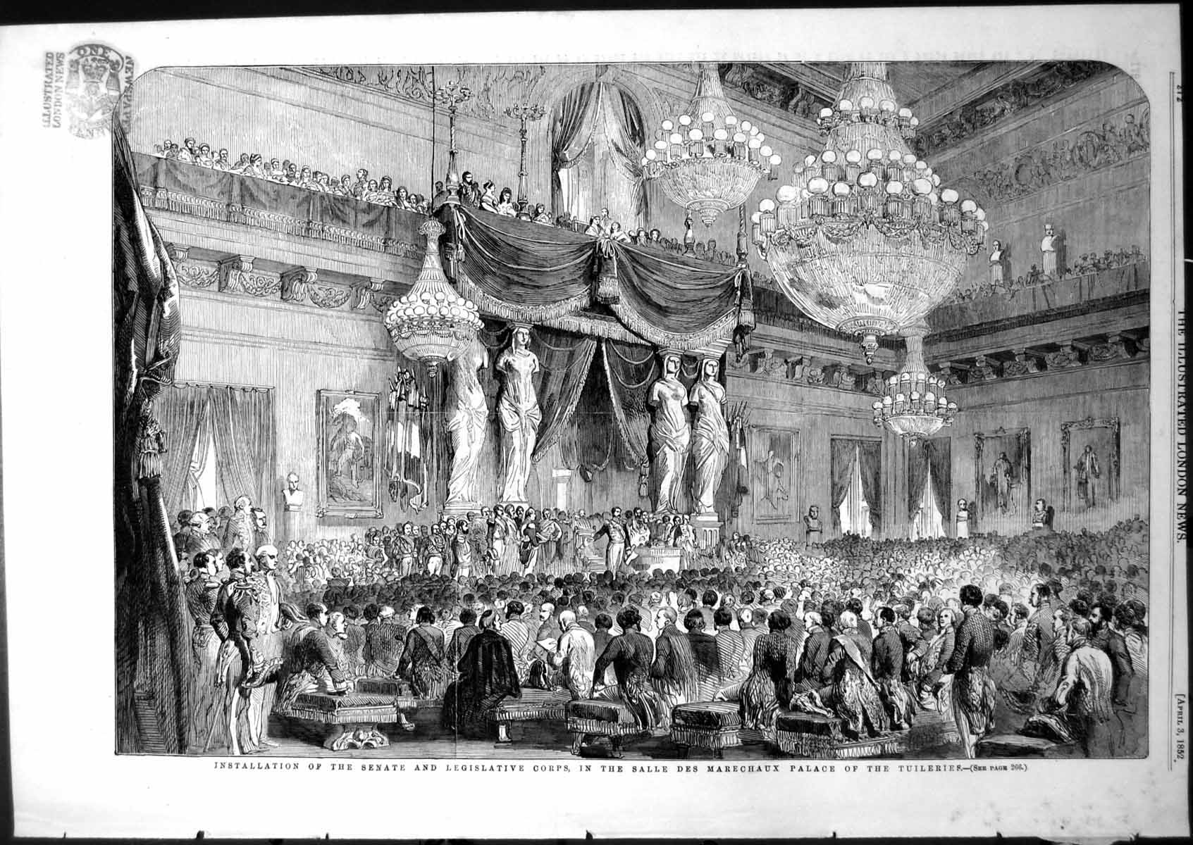 Antique Old Print Installation Senate Legislative Corps Palace Tuileries 1852