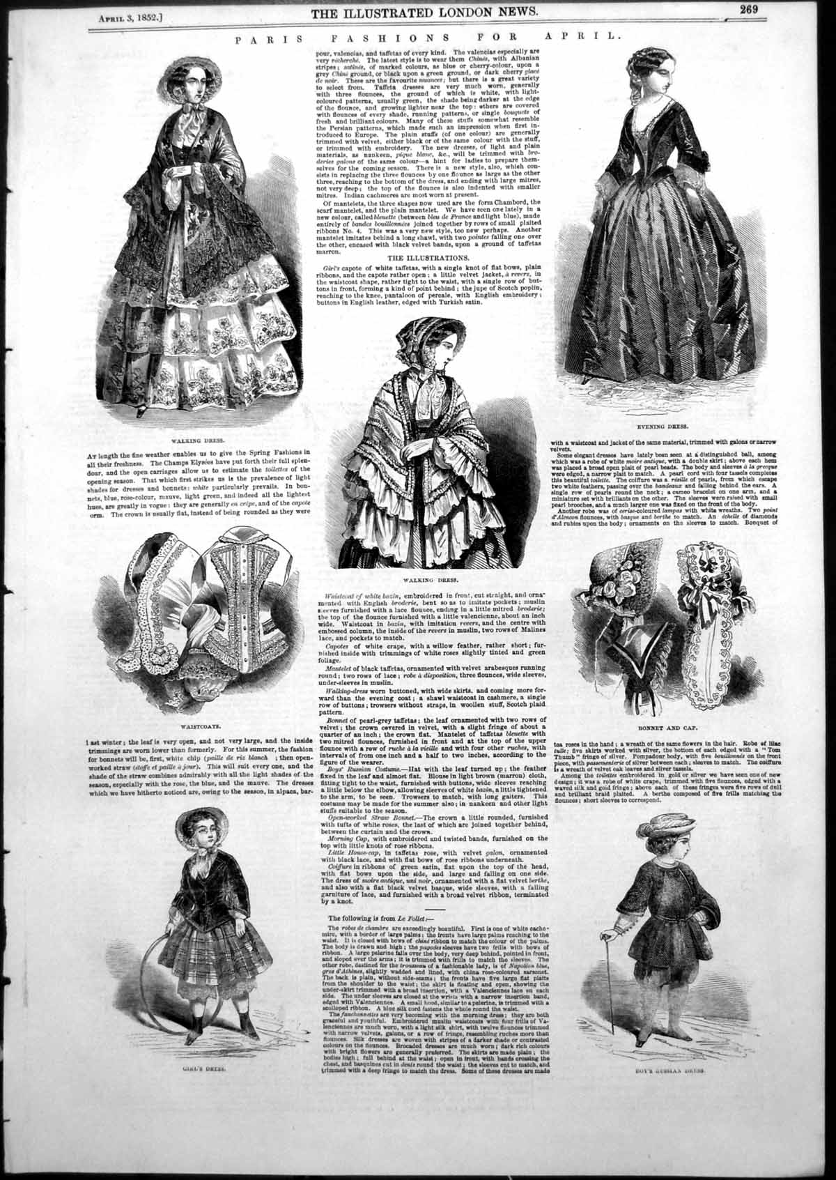 Old Paris Fashions April Walking Dress Evening Dress Bonnet Cap 1852 Victorian