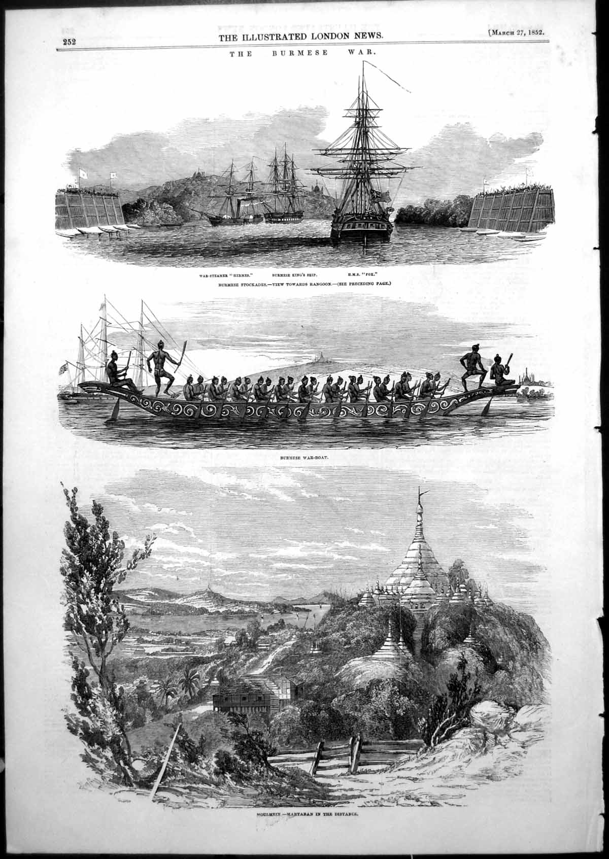 Old Antique Print Burmese War Moulmein Martaban War Boat Stockades 1852 19th